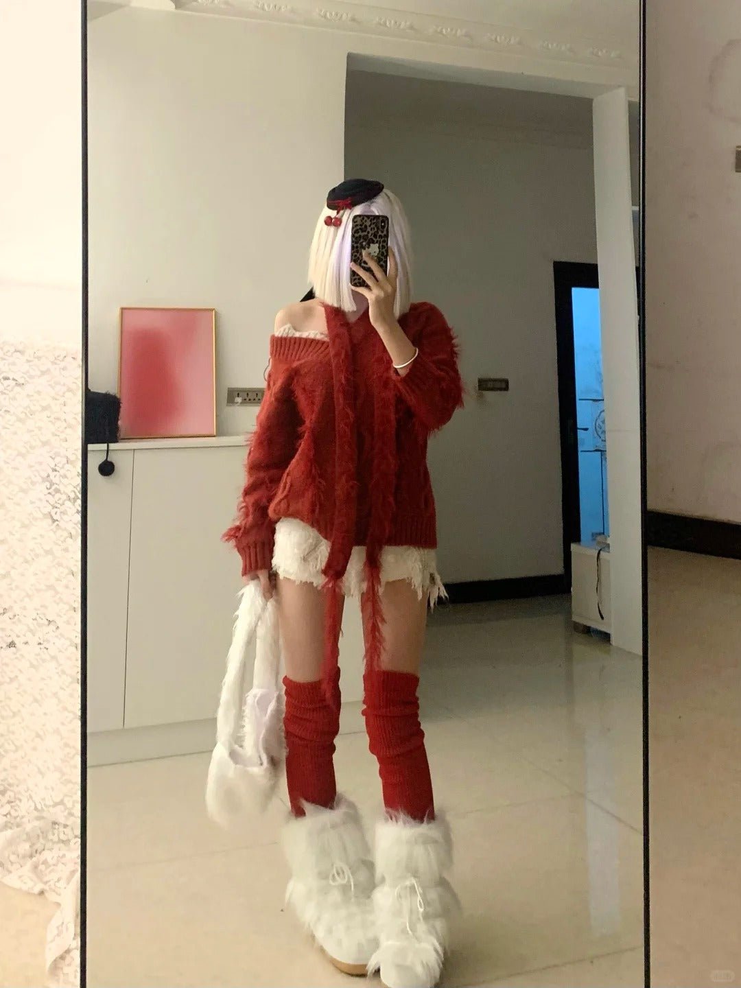 Red Off - Shoulder Fuzzy Knit Top with White Fur Shorts Y2K Two - Piece Set - tutufox -