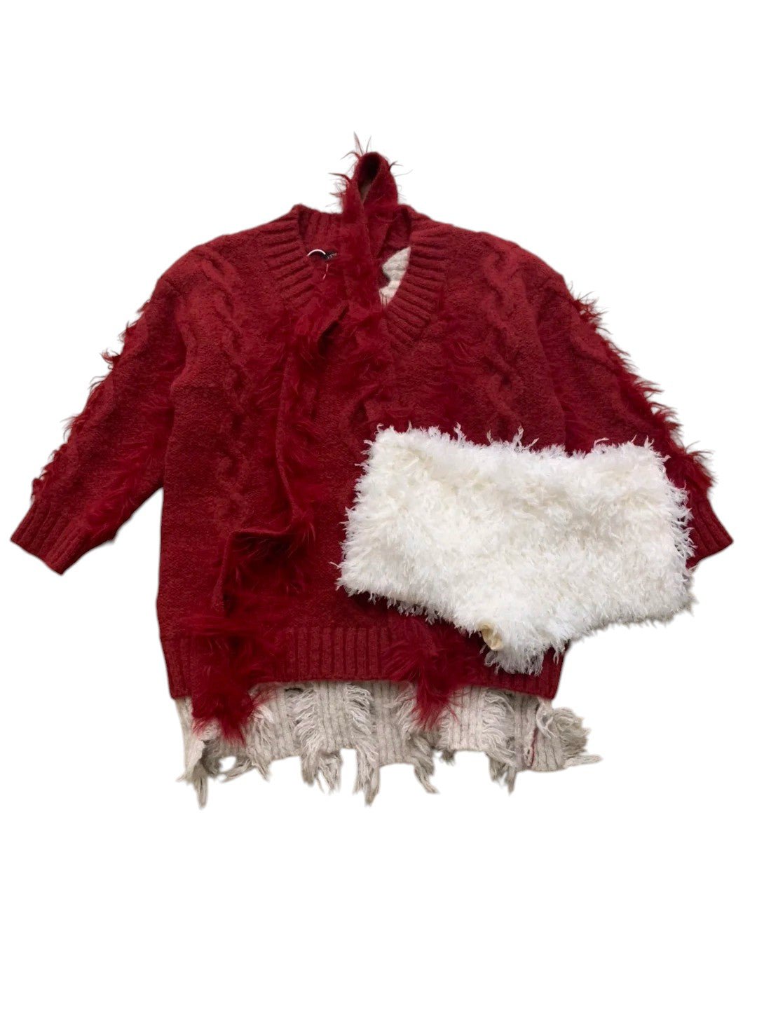 Red Off - Shoulder Fuzzy Knit Top with White Fur Shorts Y2K Two - Piece Set - tutufox -