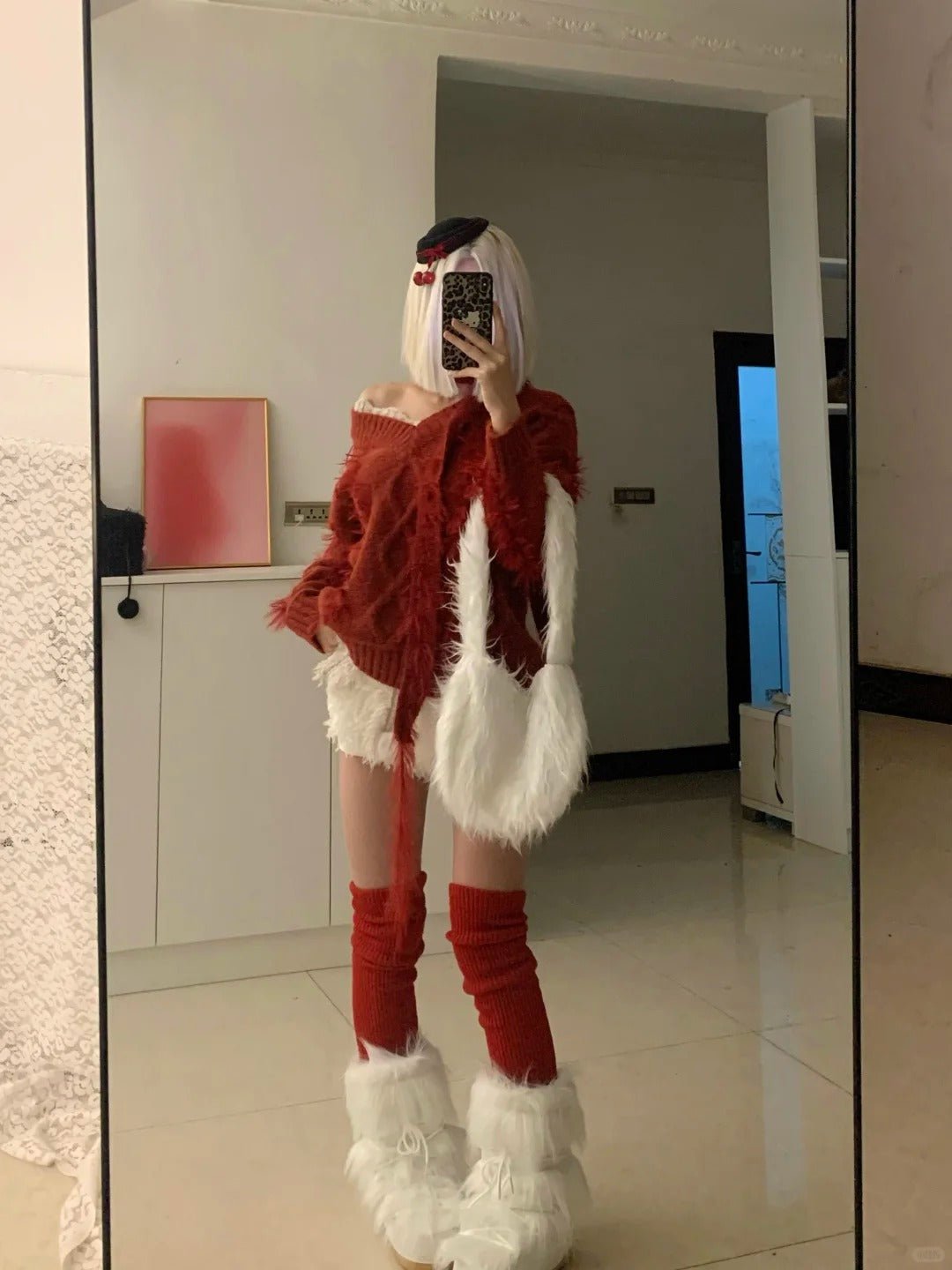 Red Off - Shoulder Fuzzy Knit Top with White Fur Shorts Y2K Two - Piece Set - tutufox -