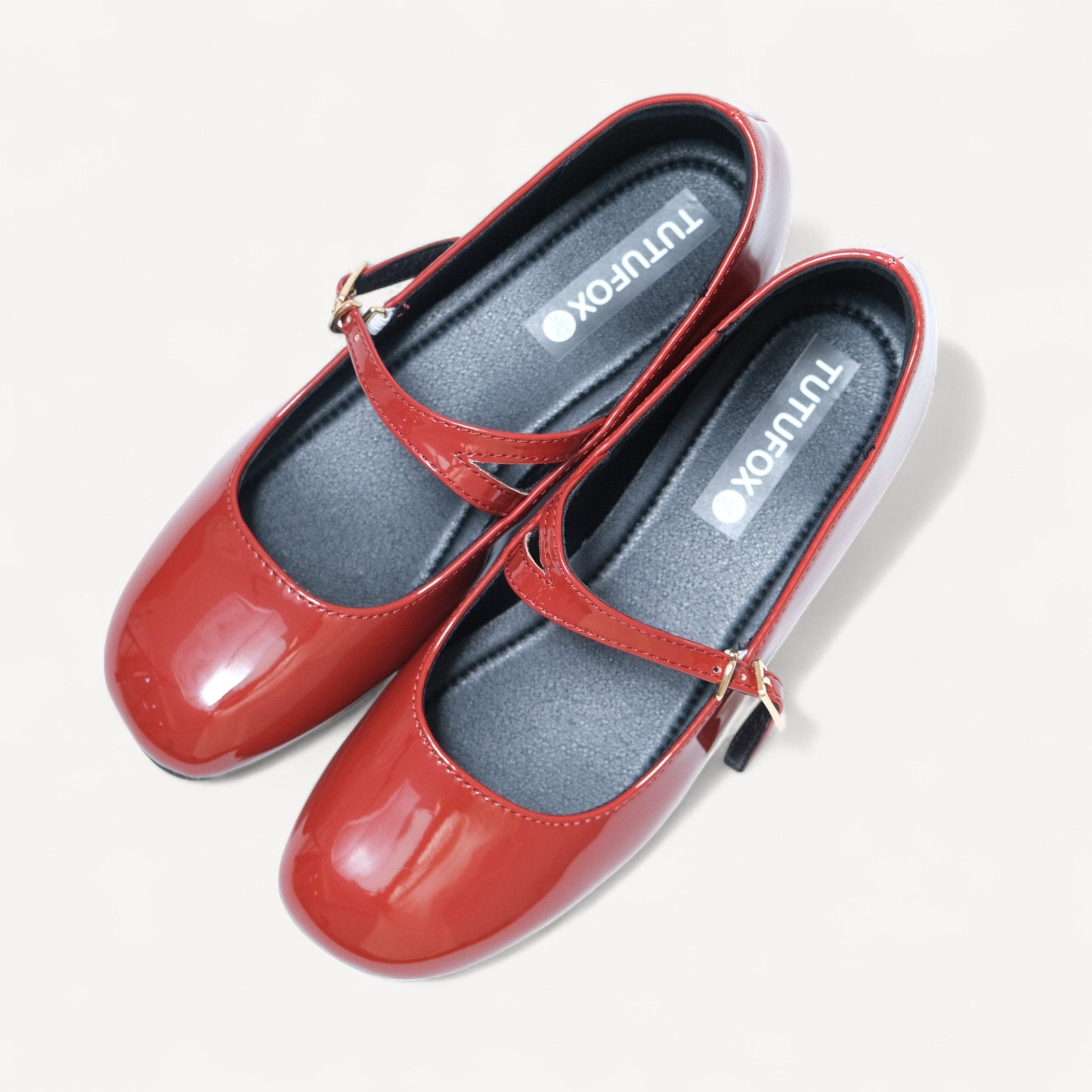 red patent mary jane buckle round toe flats oblique view
