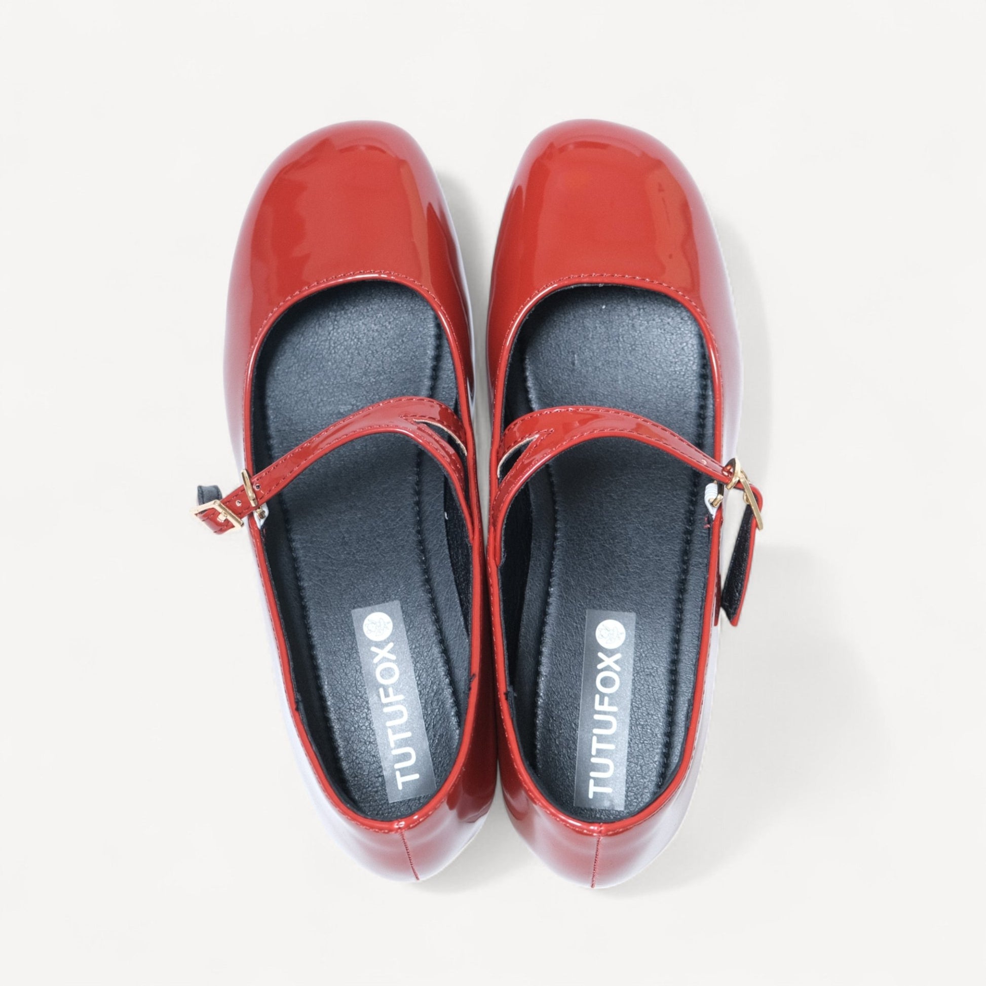 red patent mary jane buckle round toe flats front view