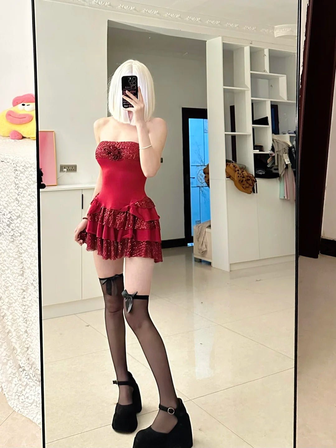 Red Sequin Ruffle Mini Dress Y2K Party - tutufox -