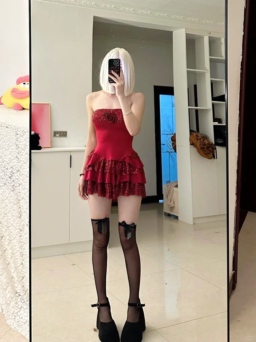 Red Sequin Ruffle Mini Dress Y2K Party - tutufox -