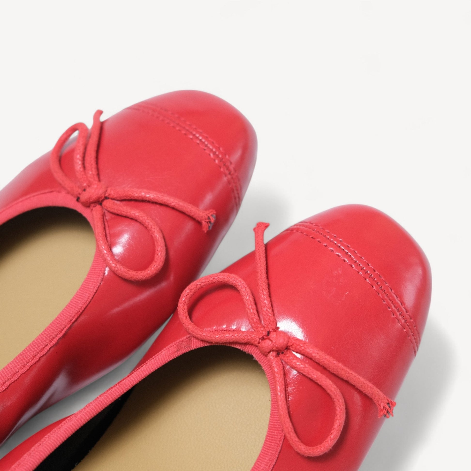 Red Soft Leather Ballet Bow Almond Flats - tutufox - shoes