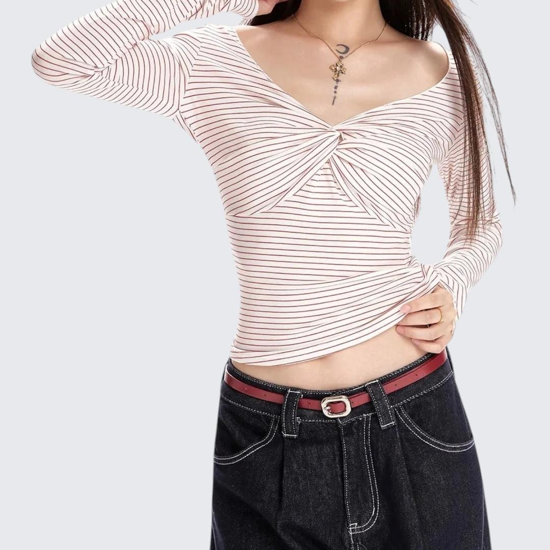 Red Stripe Twist-Front V-Neck Long-Sleeve E-Girl T-Shirt With Slim Fit & Cropped Length