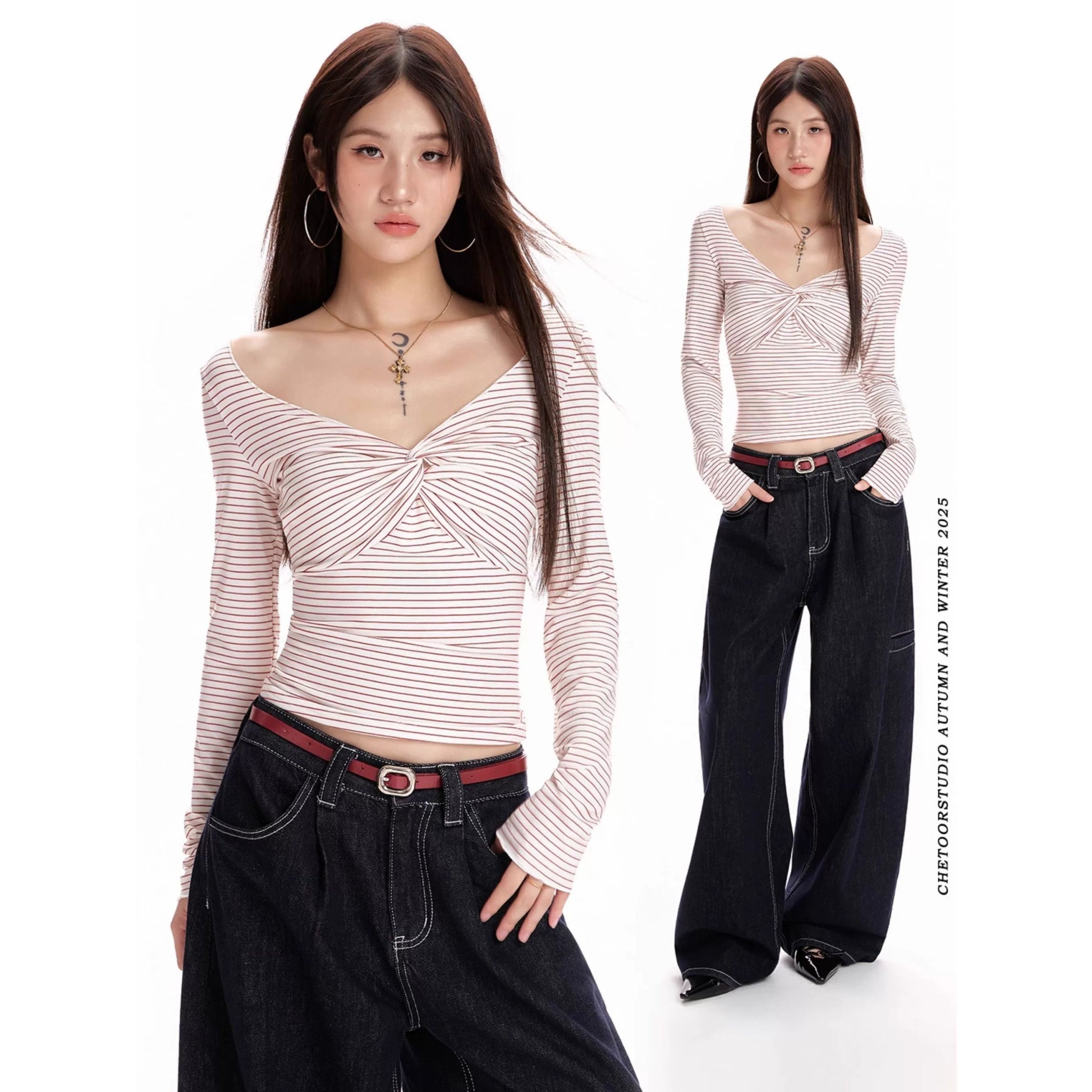 Red Stripe Twist - Front V - Neck Long - Sleeve E - Girl T-Shirt With Slim Fit & Cropped Length - tutufox -