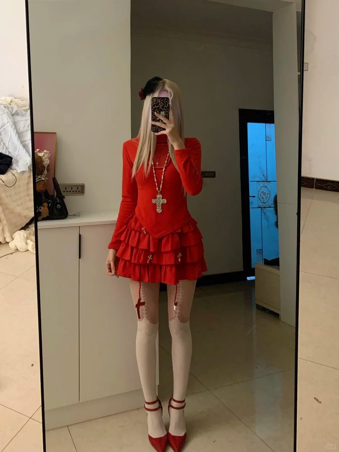Red Turtleneck Top and Ruffle Skirt Y2K Two Piece Sets - tutufox -