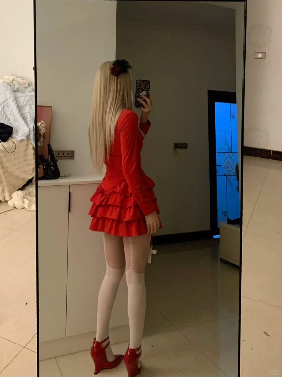 Red Turtleneck Top and Ruffle Skirt Y2K Two Piece Sets - tutufox -