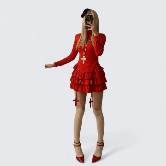 Red Turtleneck Top and Ruffle Skirt Y2K Two Piece Sets - tutufox -