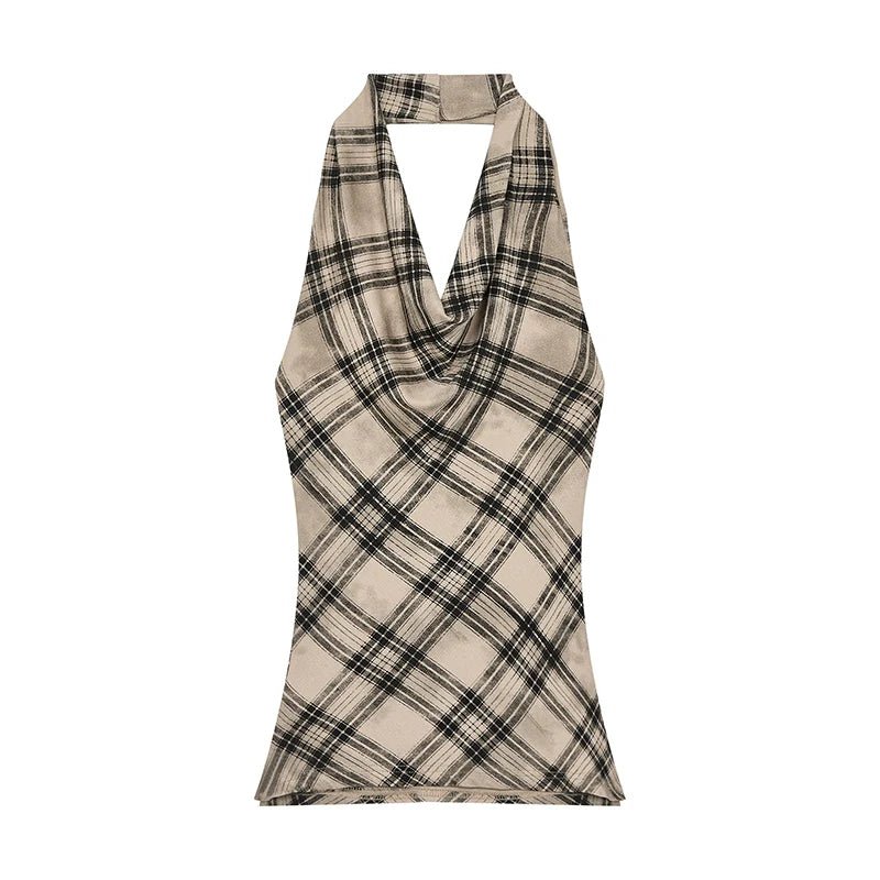 Retro Plaid Cowl - Neck Sleeveless E - Girl Halter Top With Waist - Cinching Fit - tutufox -