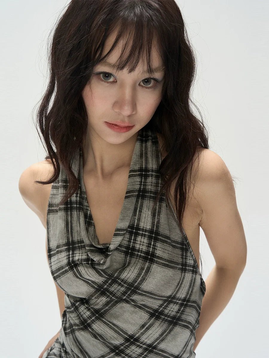 Retro Plaid Cowl - Neck Sleeveless E - Girl Halter Top With Waist - Cinching Fit - tutufox -