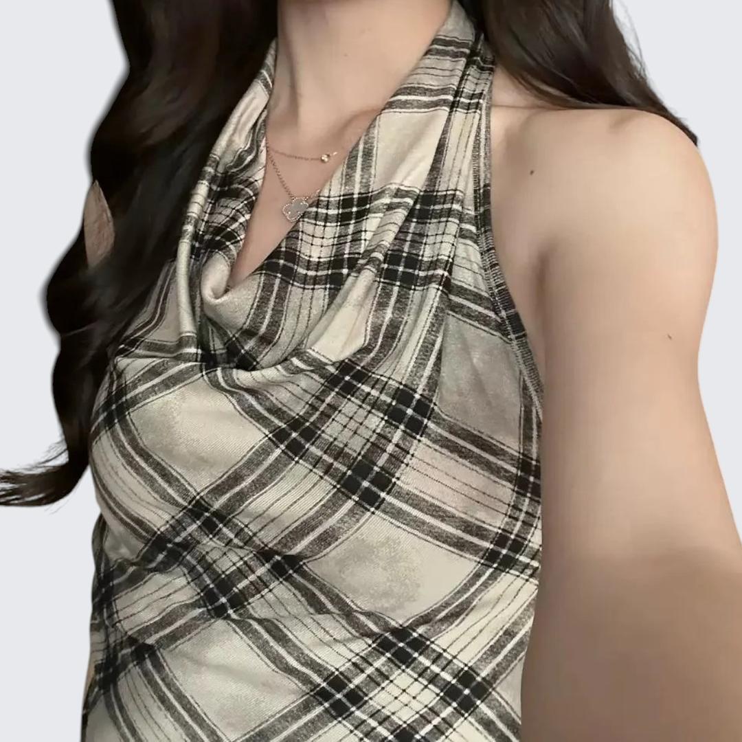 Retro Plaid Cowl - Neck Sleeveless E - Girl Halter Top With Waist - Cinching Fit - tutufox -