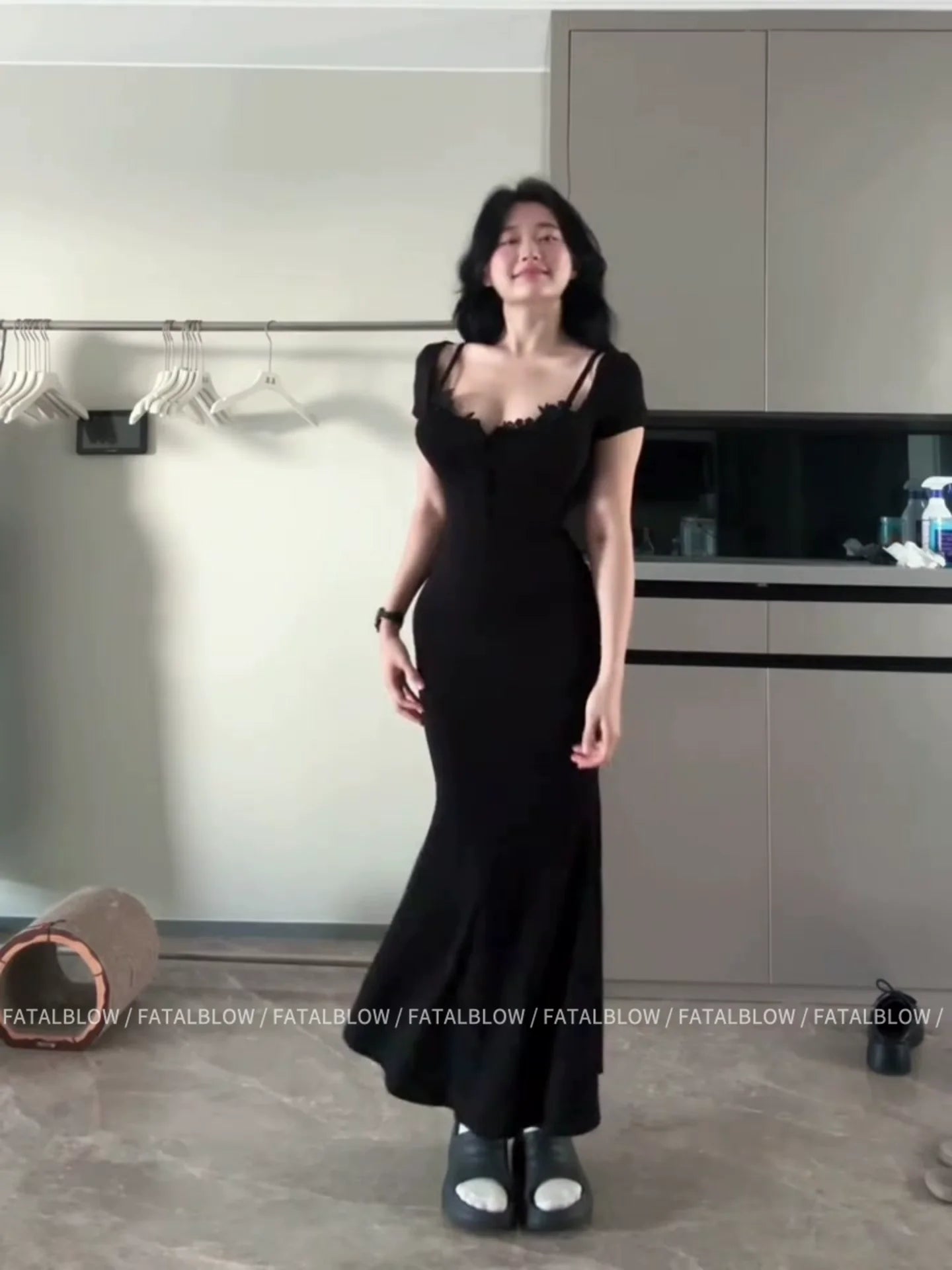 Sexy E - girl Black Lace Short - Sleeve Bodycon Maxi Dress - tutufox -