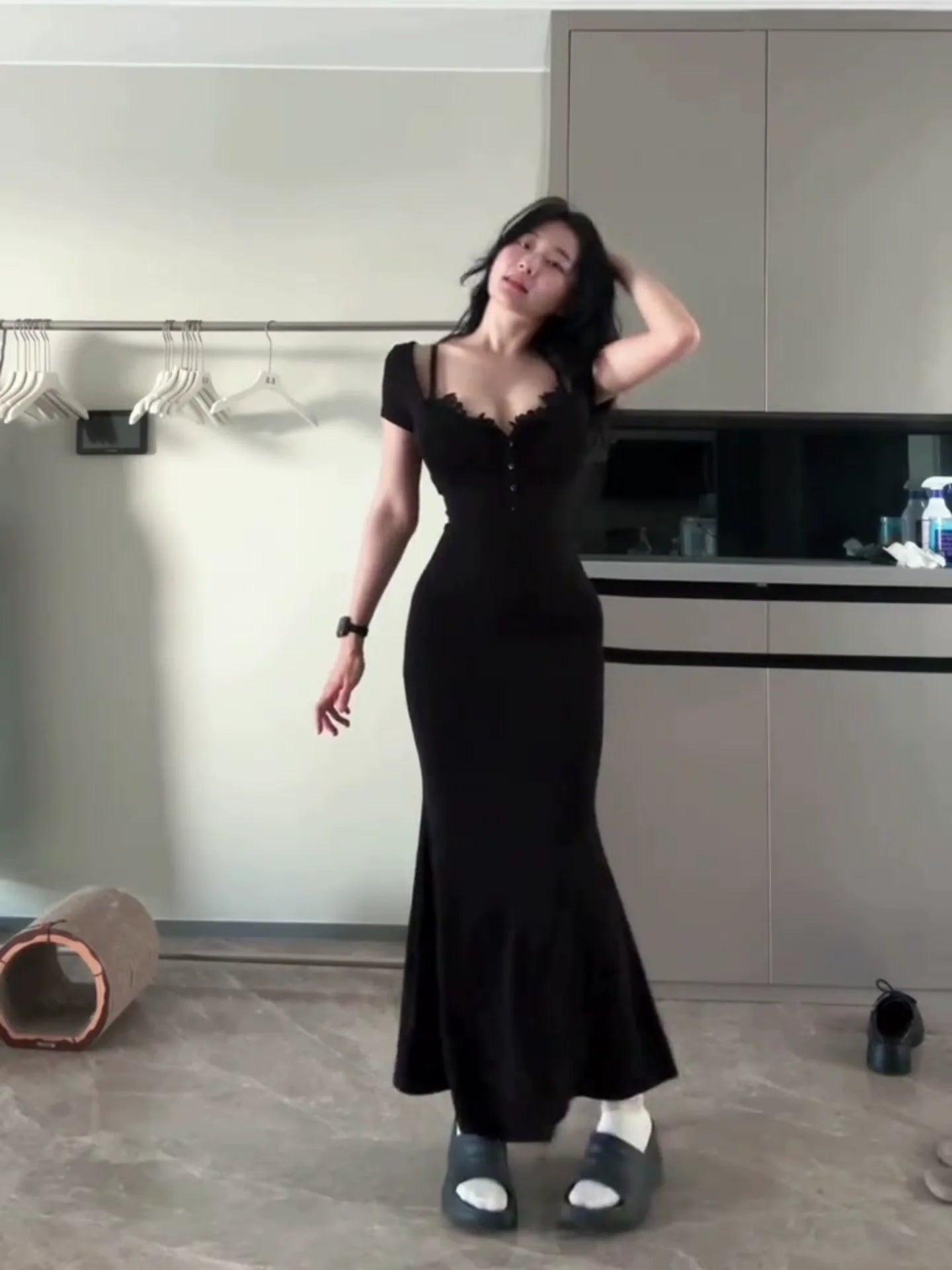 Sexy E - girl Black Lace Short - Sleeve Bodycon Maxi Dress - tutufox -