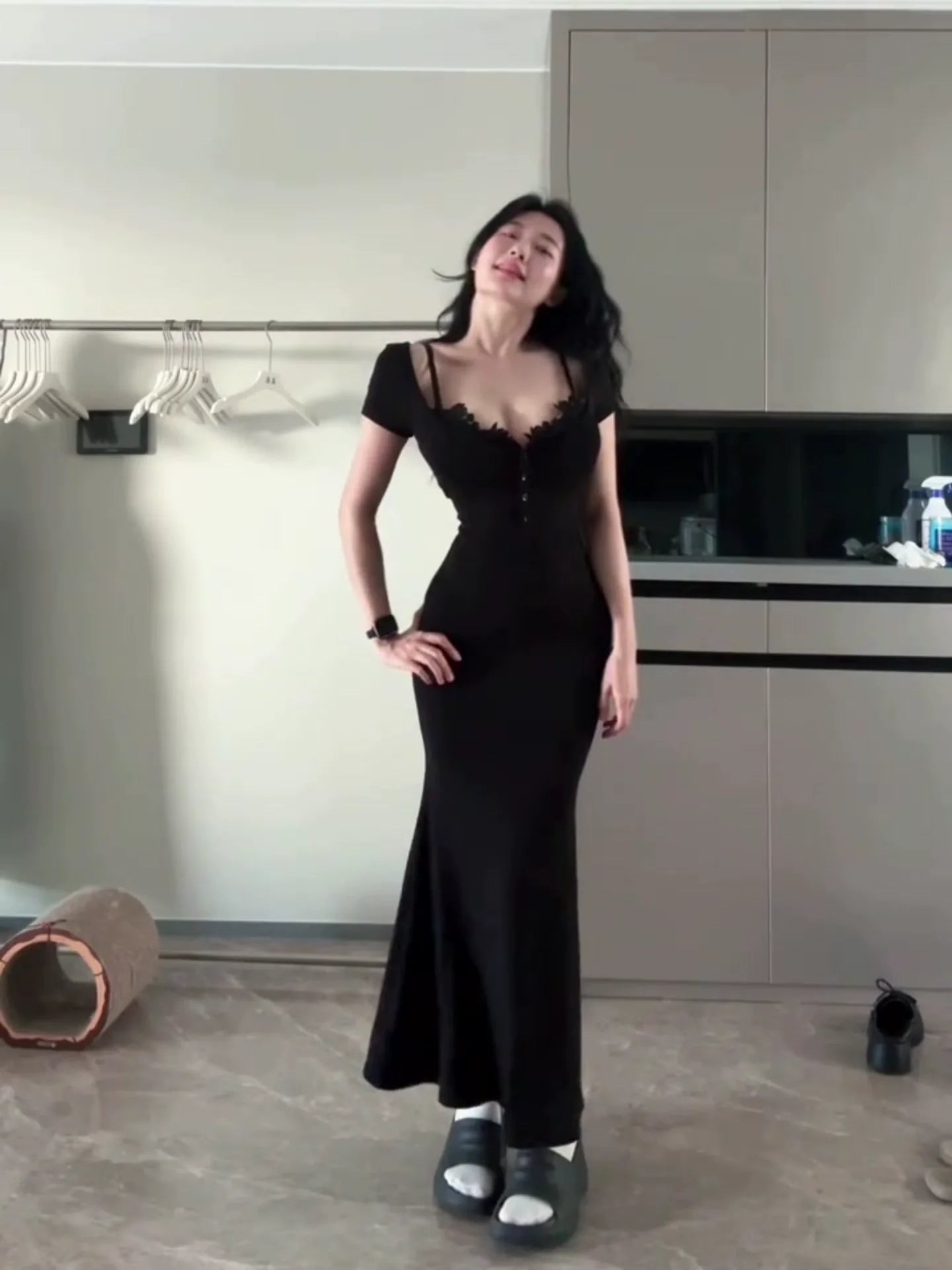 Sexy E - girl Black Lace Short - Sleeve Bodycon Maxi Dress - tutufox -