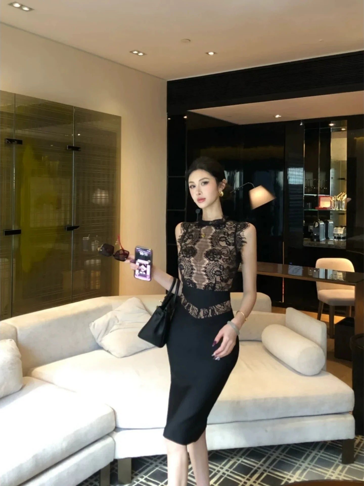 Sexy Soft Vibe Black Lace Sleeveless Waist - Cinched Bodycon Midi Dress - tutufox -