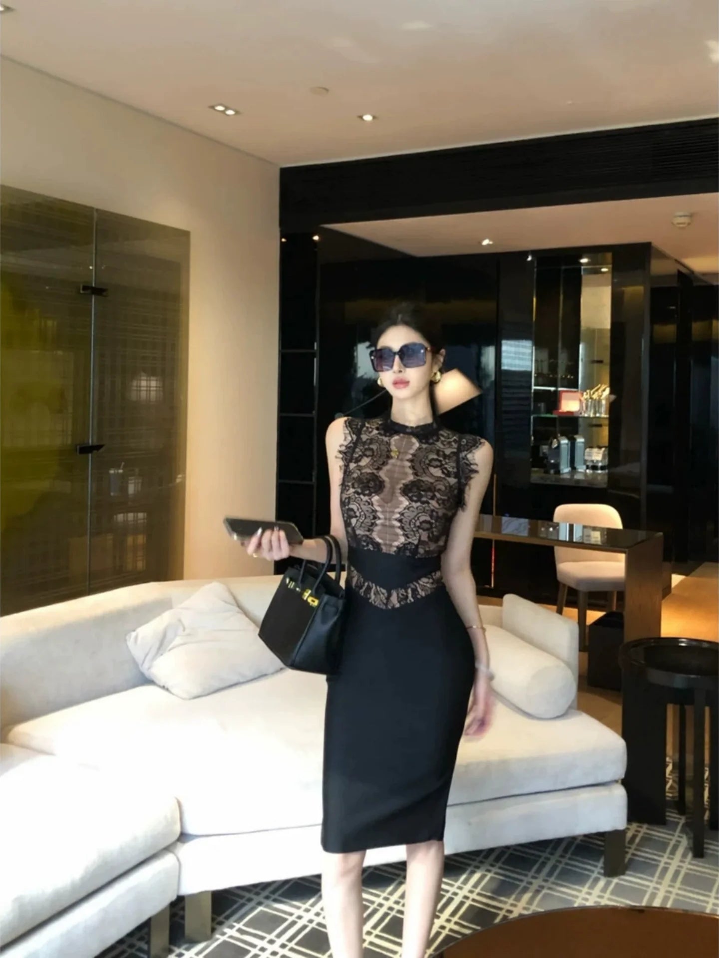 Sexy Soft Vibe Black Lace Sleeveless Waist - Cinched Bodycon Midi Dress - tutufox -