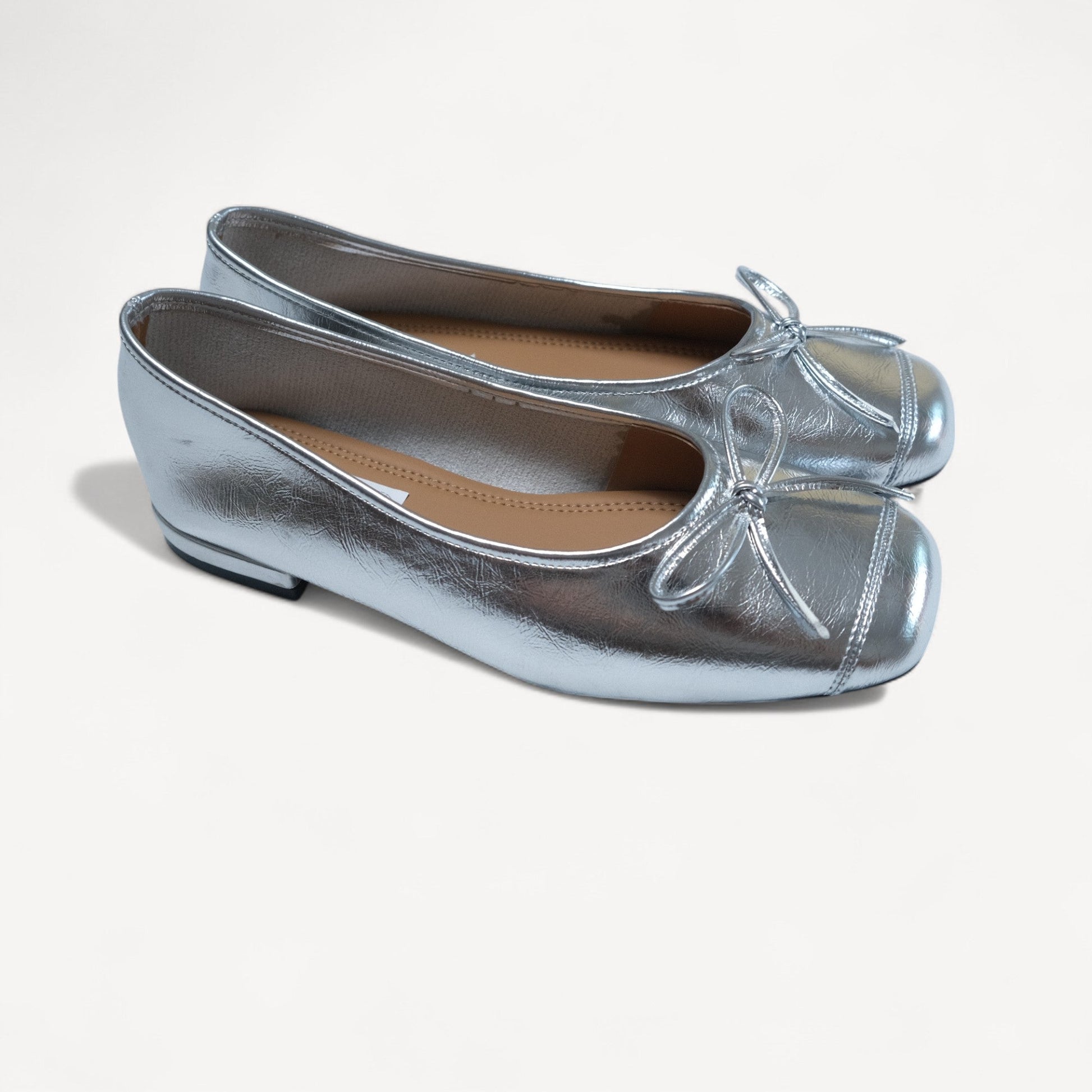 silver bow square toe ballet flats right oblique view