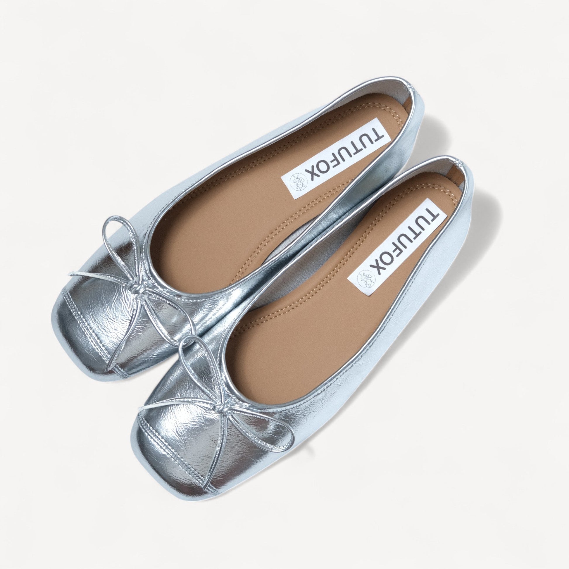 silver bow square toe ballet flats oblique view