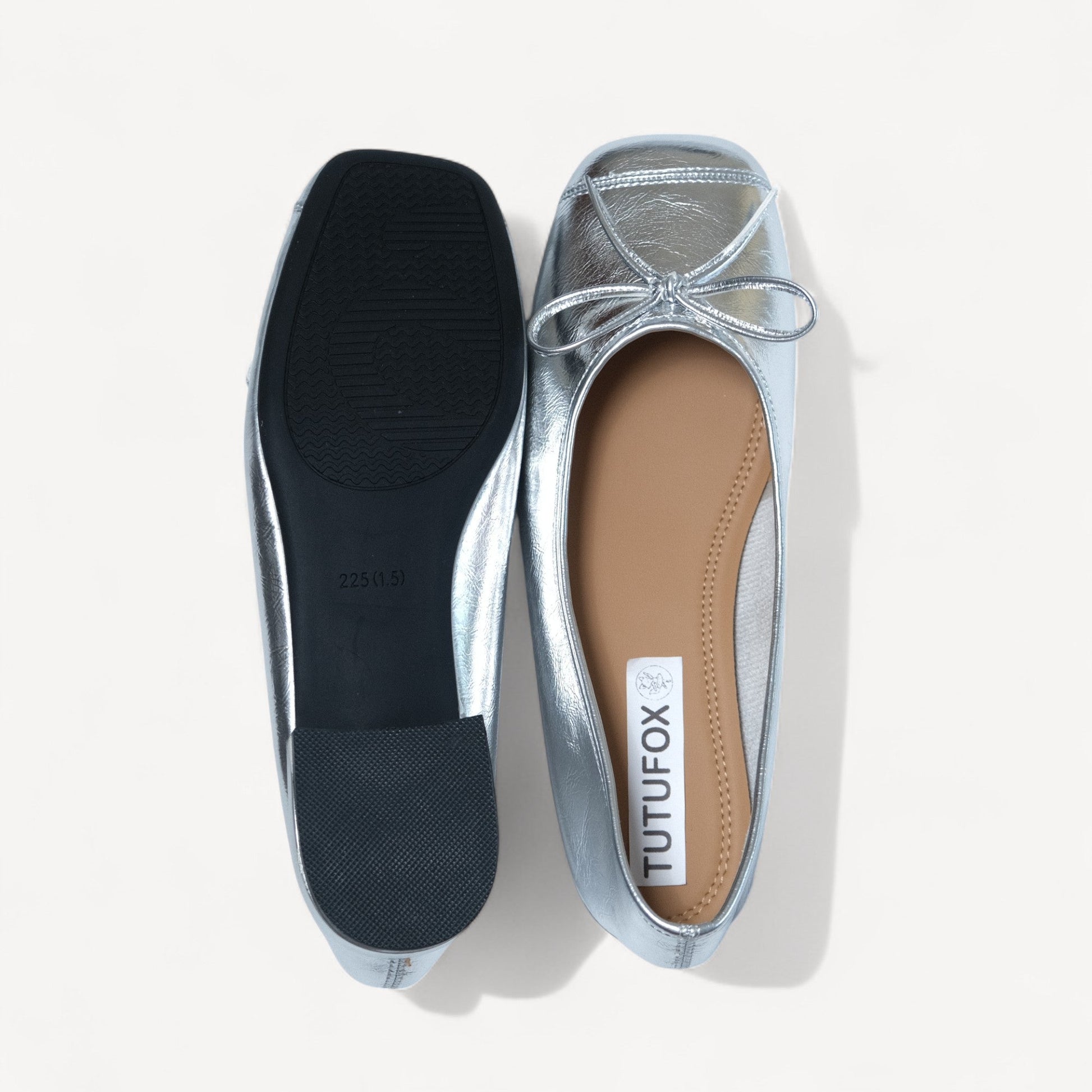 silver bow square toe ballet flats sole view