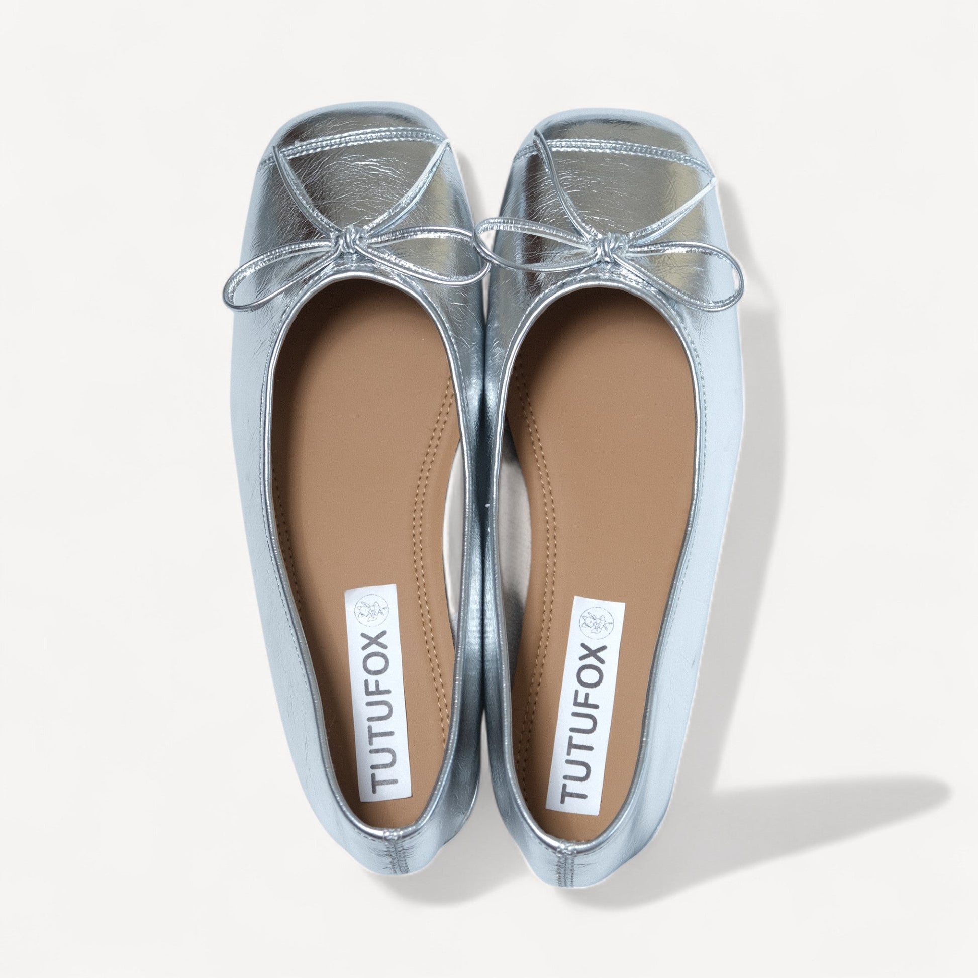 silver bow square toe ballet flats front view