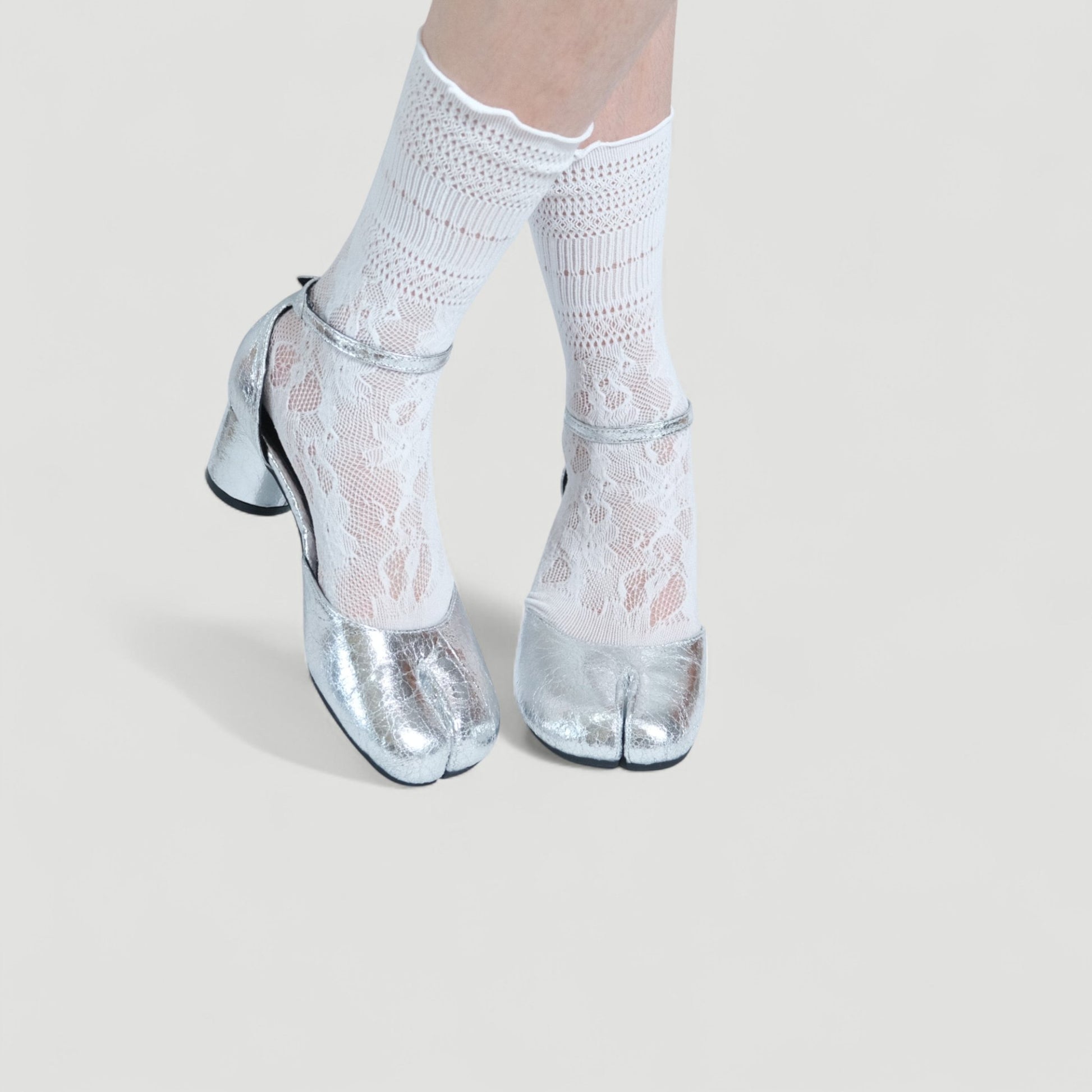 Silver Leather Ankle Strap Round Toe Flats Tabi - tutufox - tabis