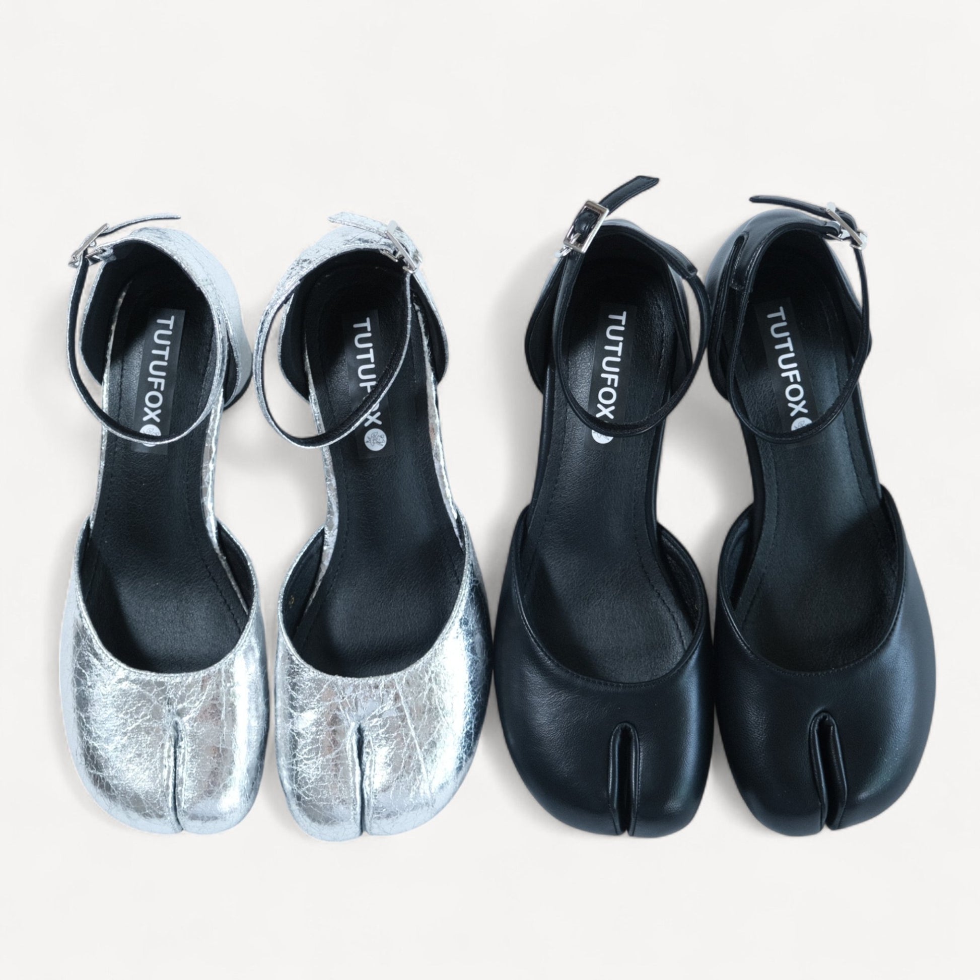 Silver Leather Ankle Strap Round Toe Flats Tabi - tutufox - tabis