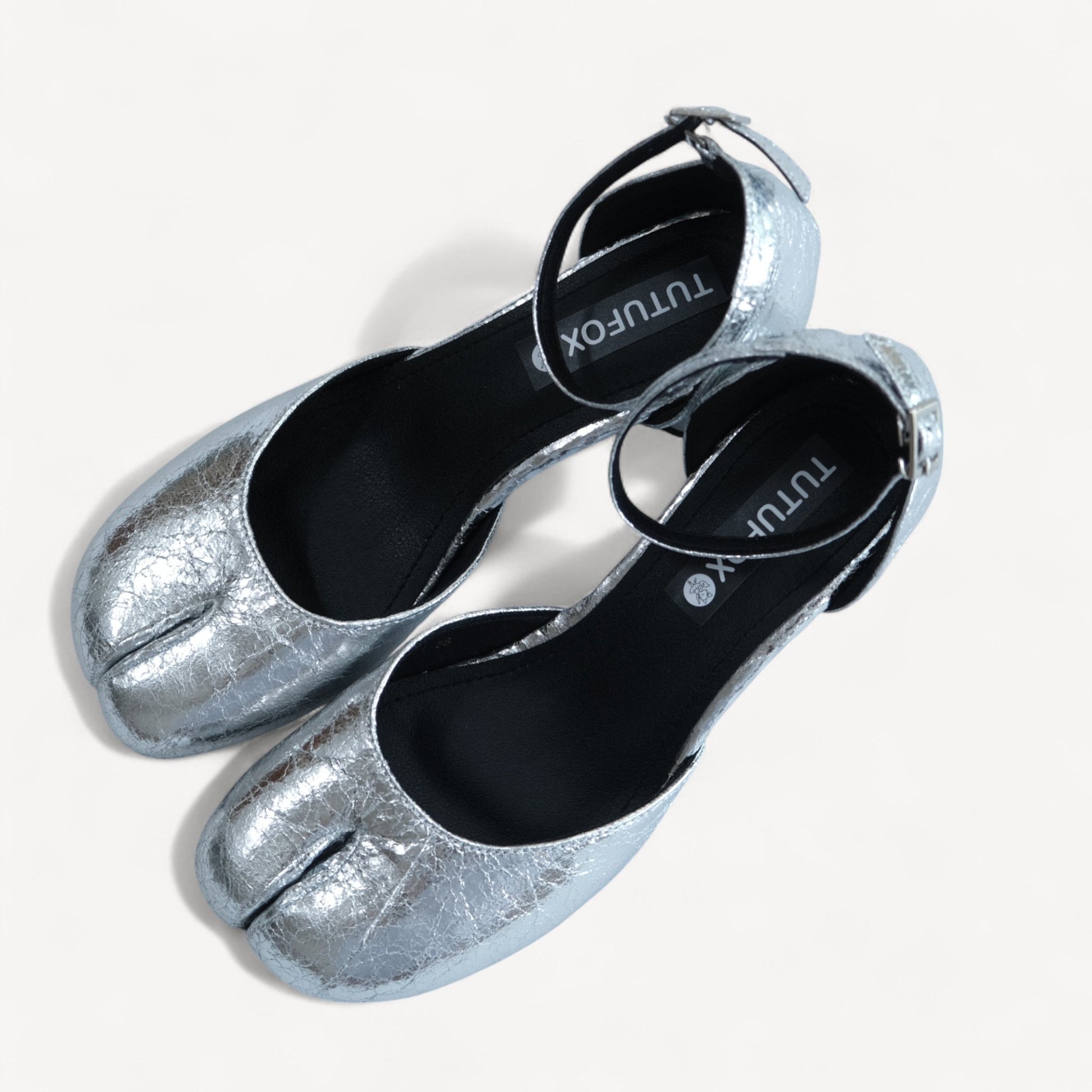 Silver Leather Ankle Strap Round Toe Flats Tabi - tutufox - tabis