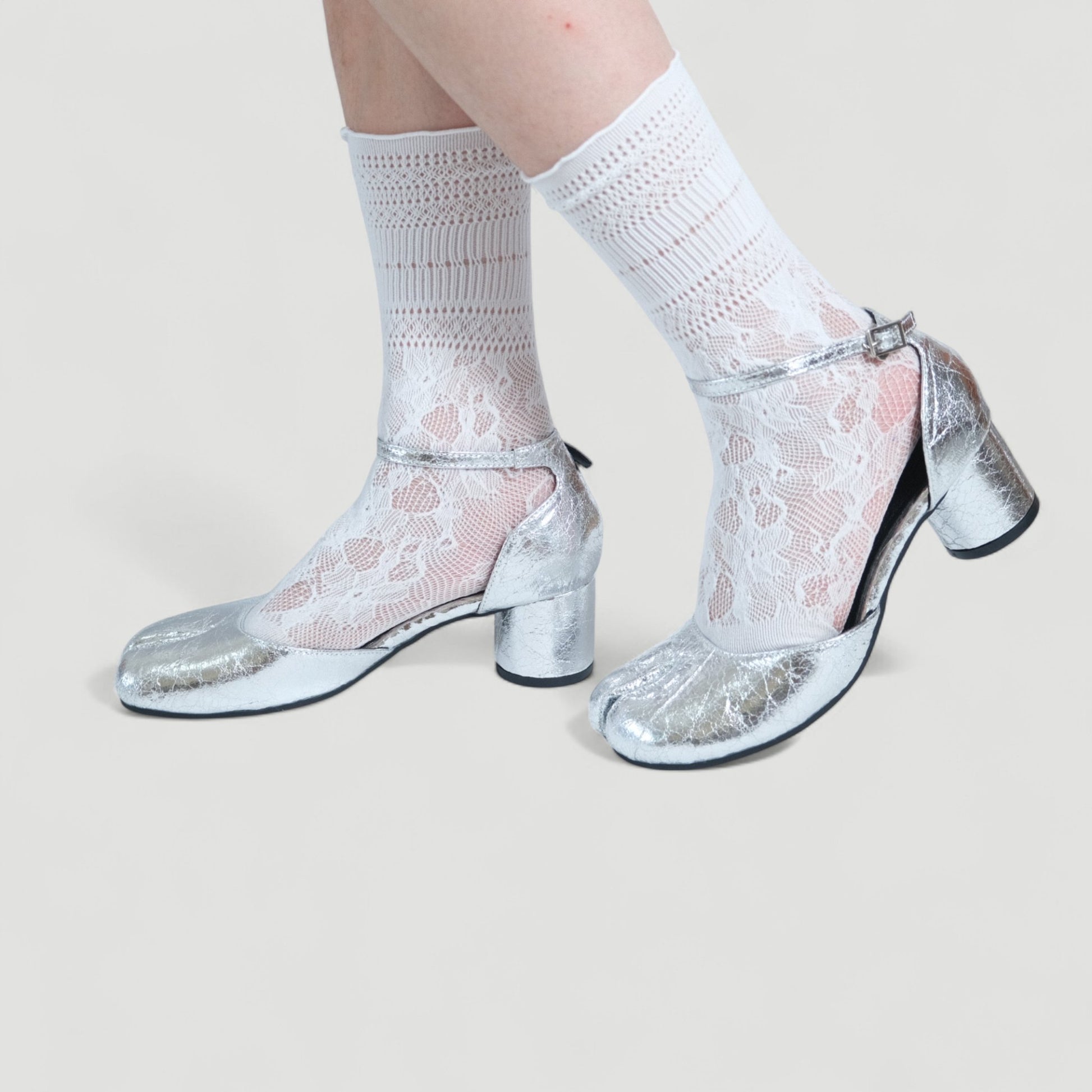 Silver Leather Ankle Strap Round Toe Flats Tabi - tutufox - tabis