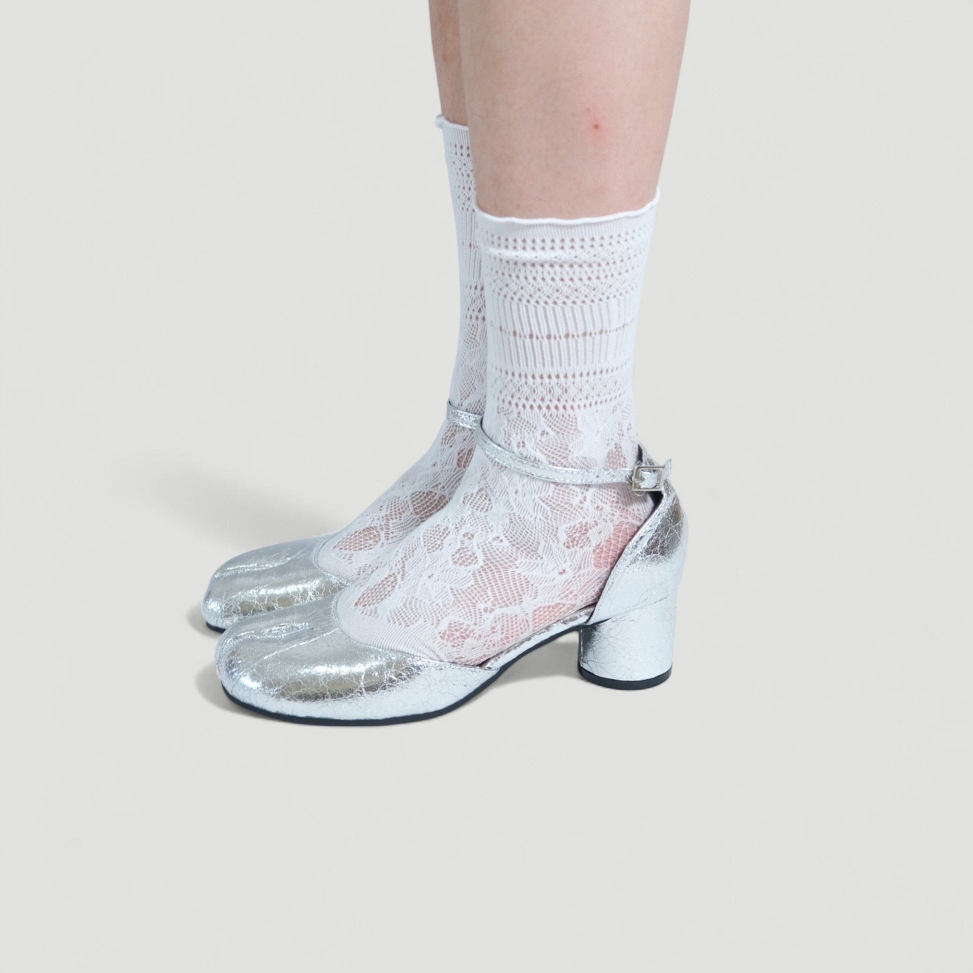 Silver Leather Ankle Strap Round Toe Flats Tabi - tutufox - tabis