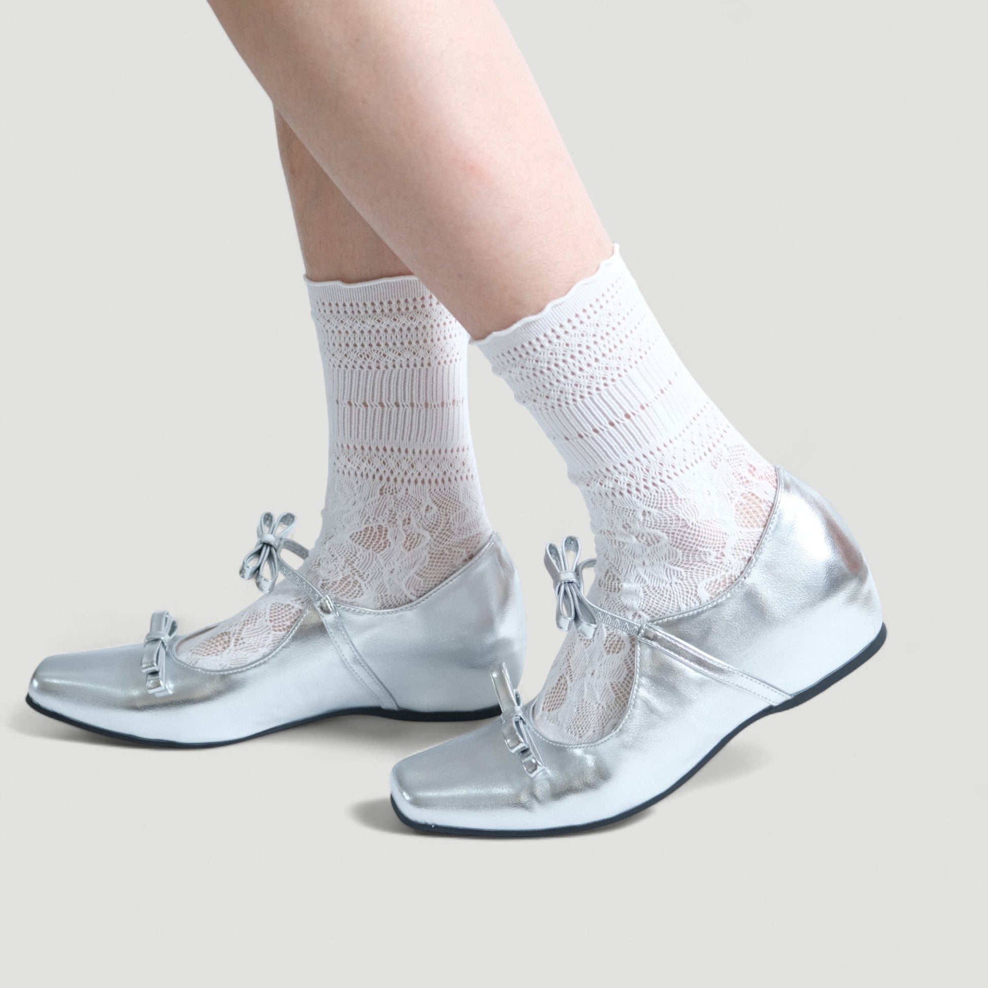 silver patent bow mary jane ballet flats model walking