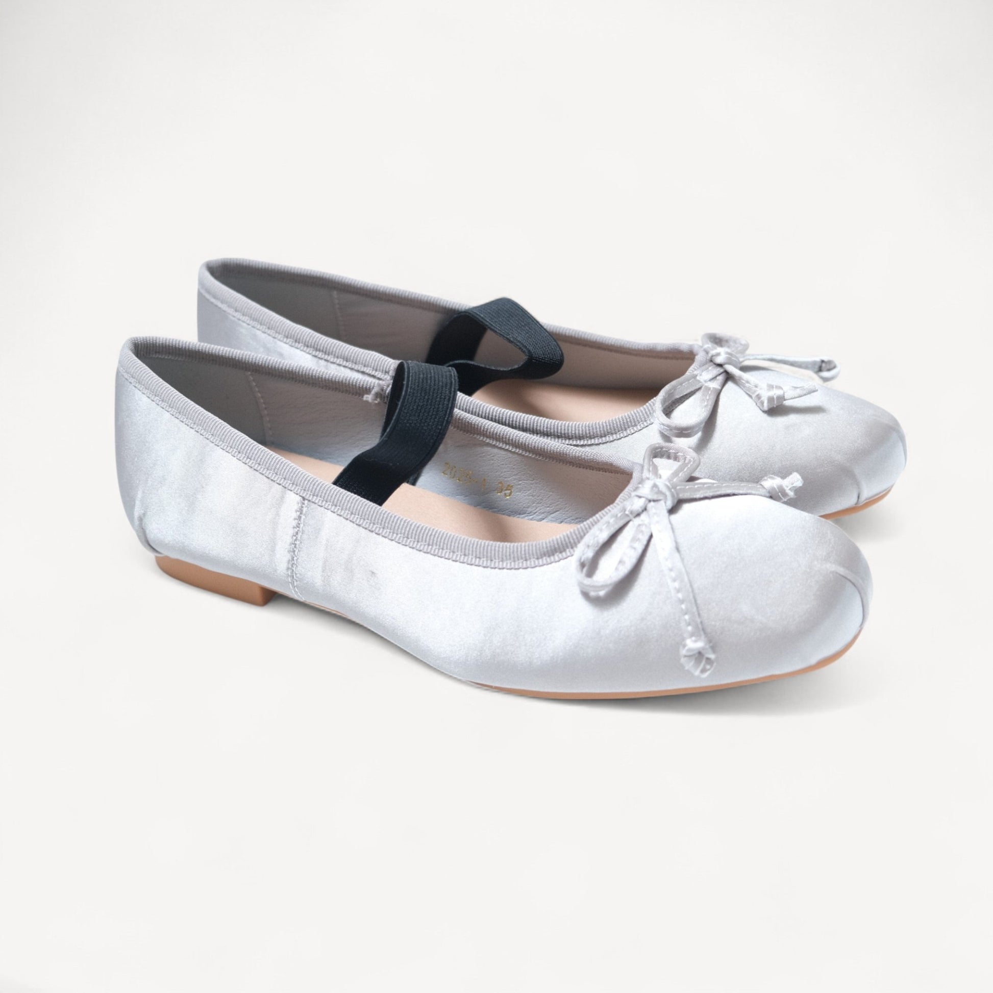 silver satin ballet flats right oblique view