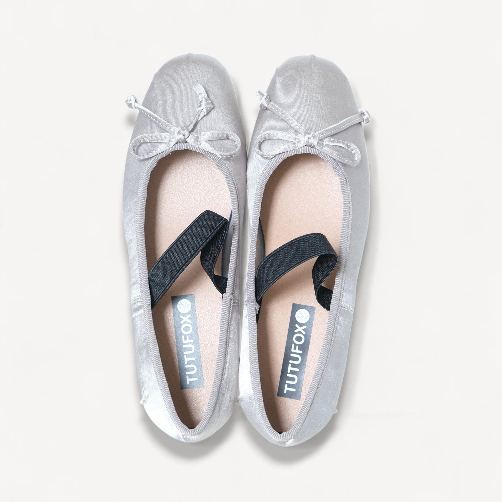 silver satin ballet flats front view