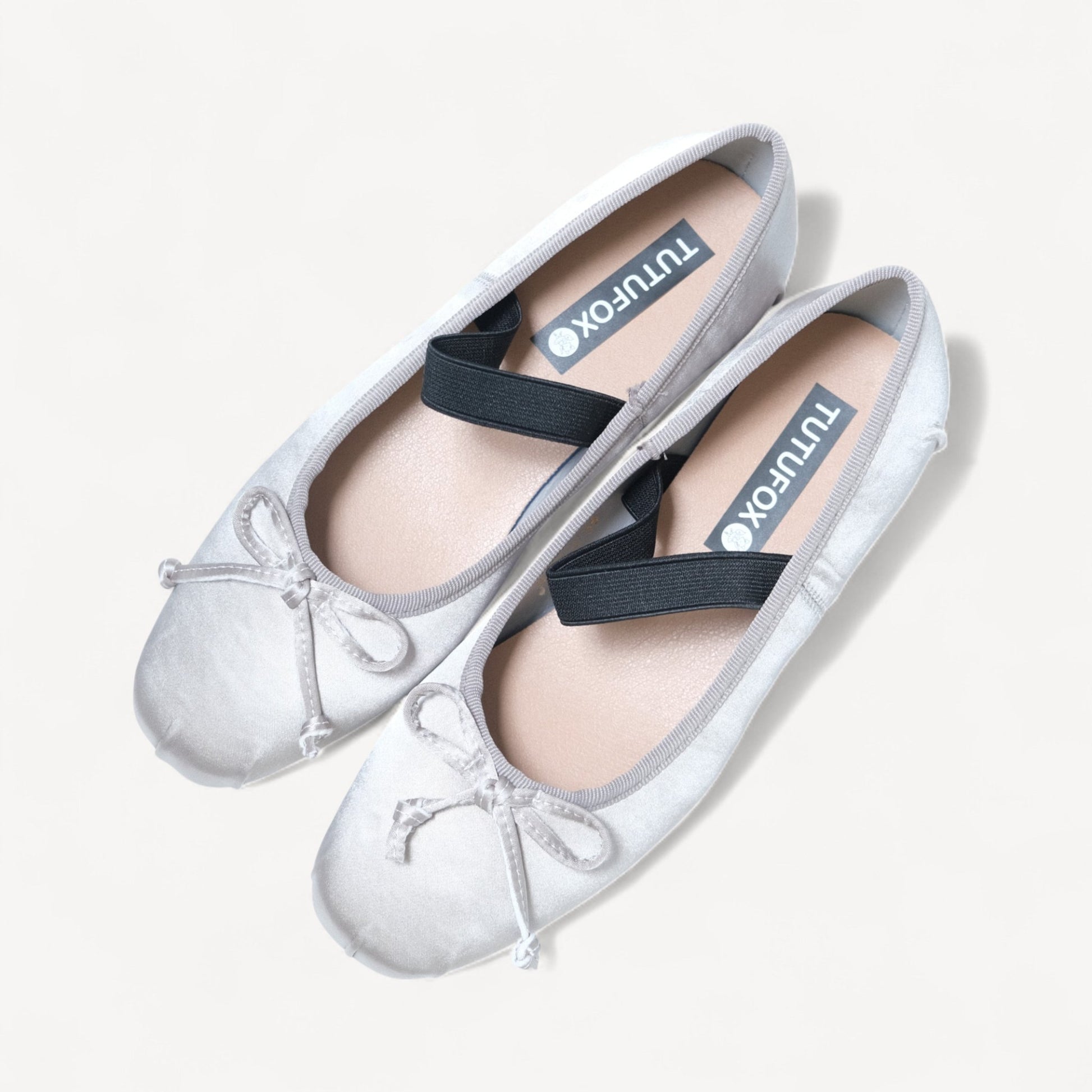 silver satin ballet flats oblique view