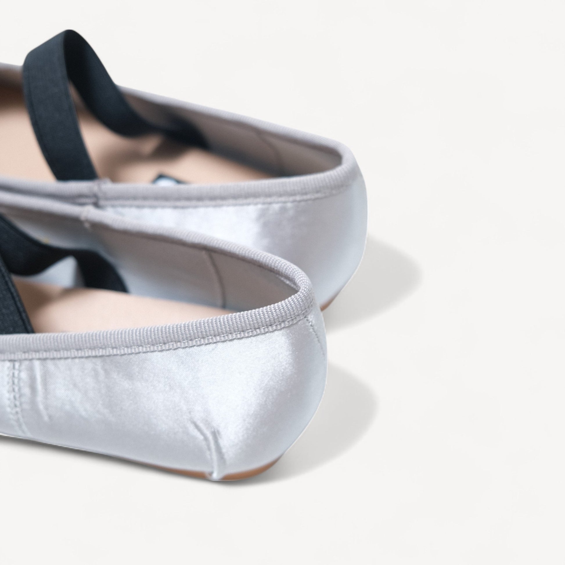 silver satin ballet flats heel detail