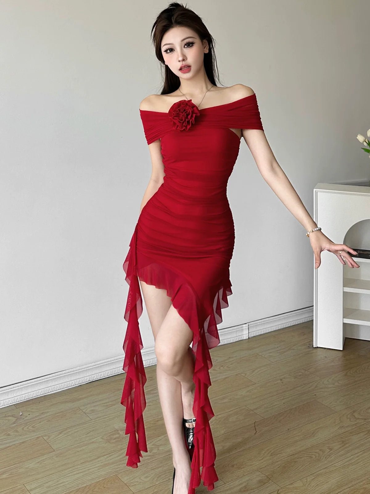 Soft Flirty Ruffled Asymmetrical Ruched Mini Dress - tutufox -