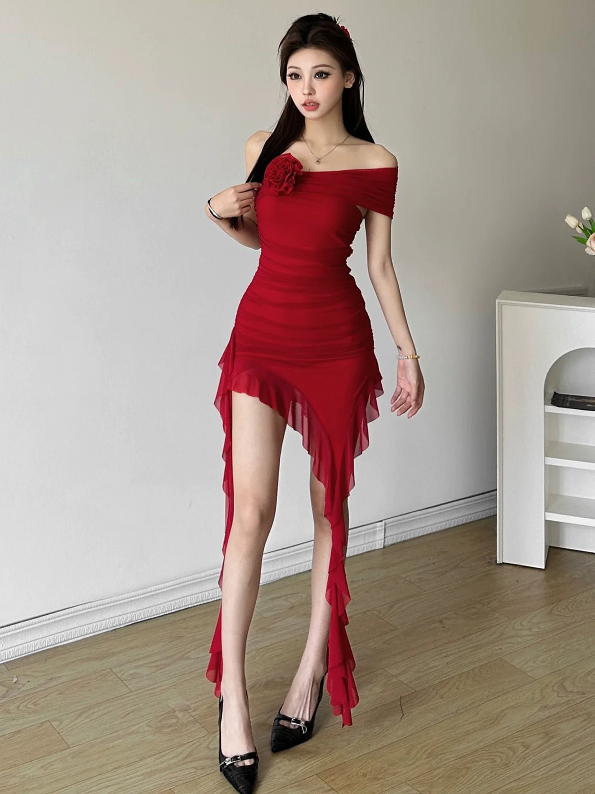 Soft Flirty Ruffled Asymmetrical Ruched Mini Dress - tutufox -