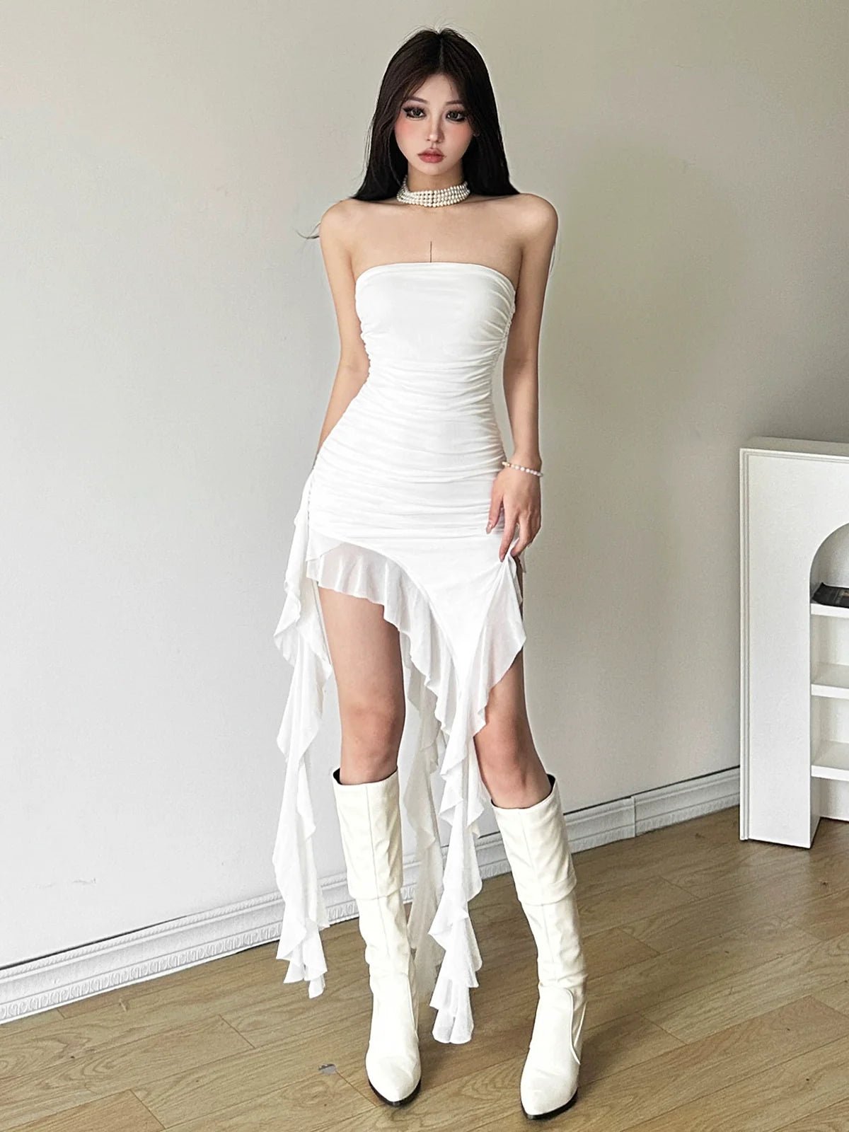 Soft Tea Vibe Ruffled - Paneled Tube - Top Unique Asymmetrical Summer Mini Dress - tutufox -