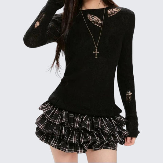 Spring & Autumn Black Frosted Ripped Long-Sleeve Sweater
