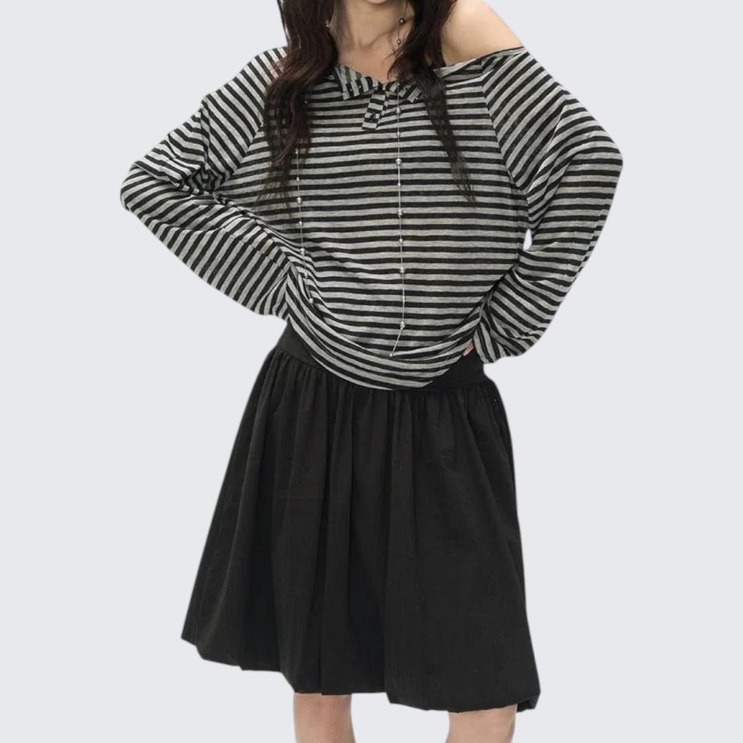 Spring-Autumn Black-Gray Stripe Slant-Shoulder Long-Sleeve E-Girl T-Shirt With Retro Lazy Vibe & Oversized Fit