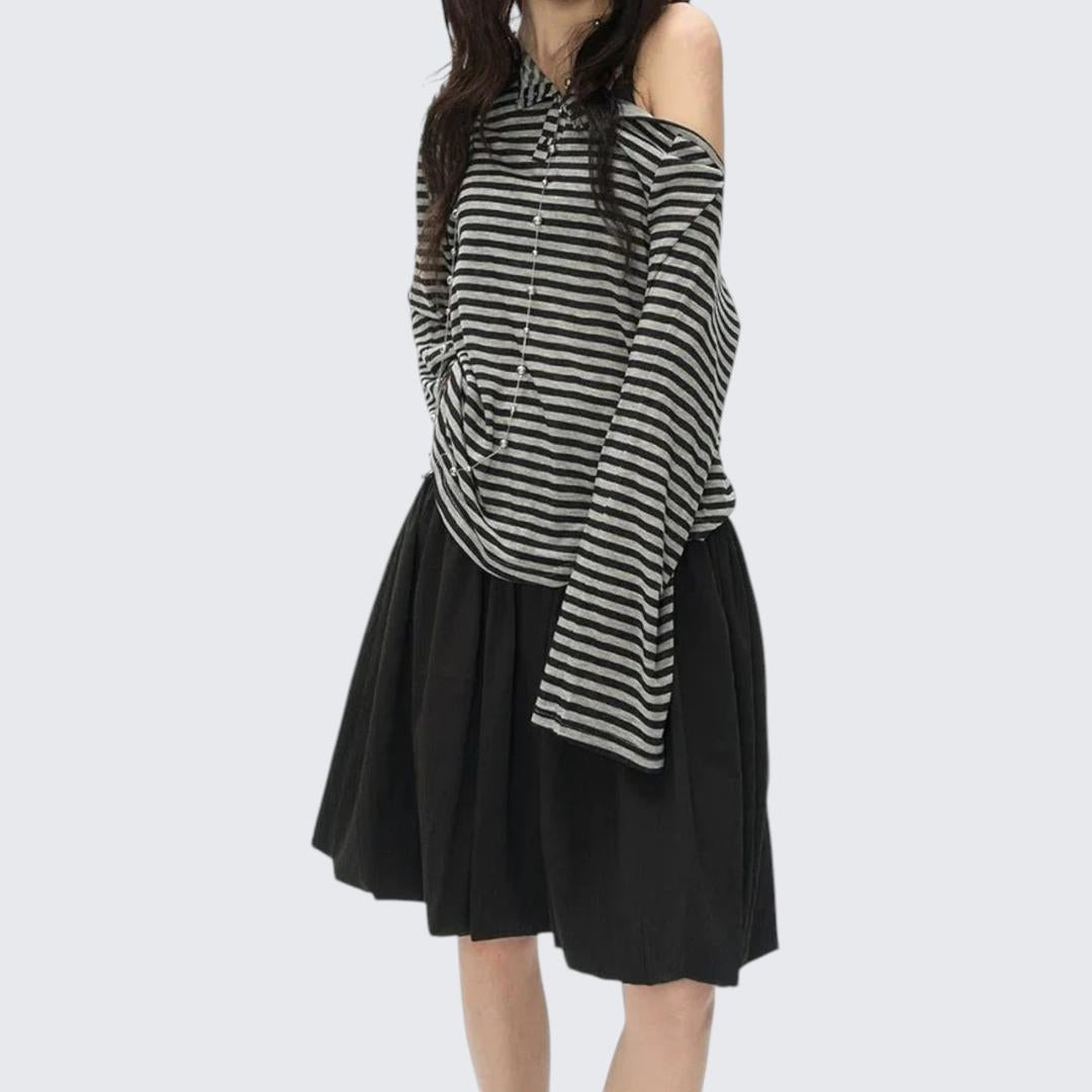 Spring - Autumn Black - Gray Stripe Slant - Shoulder Long - Sleeve E - Girl T-Shirt With Retro Lazy Vibe & Oversized Fit - tutufox -