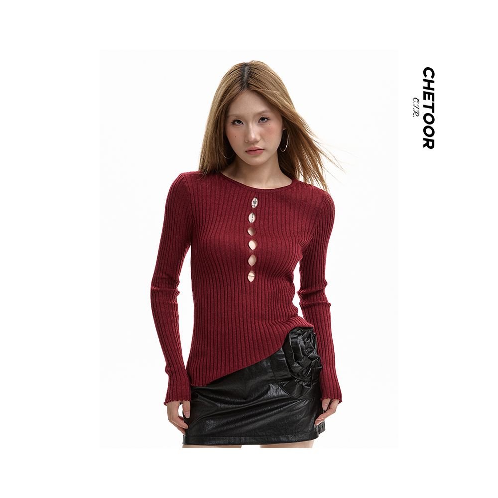 Spring & Autumn Black Hollow-Out Long-Sleeve Knitted Shirt