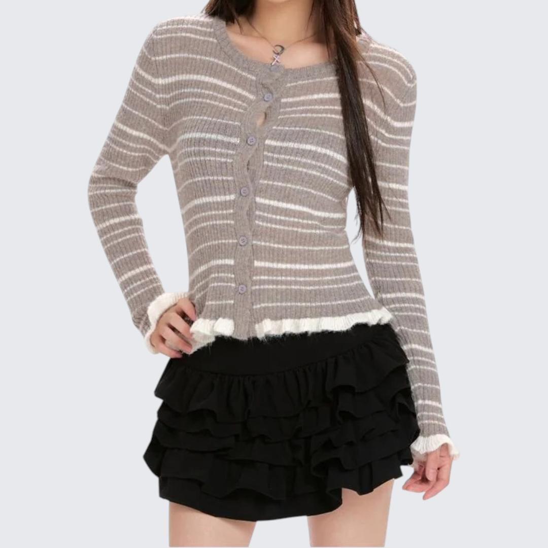 Spring & Autumn Brown Striped Long-Sleeve Knitted Sweater
