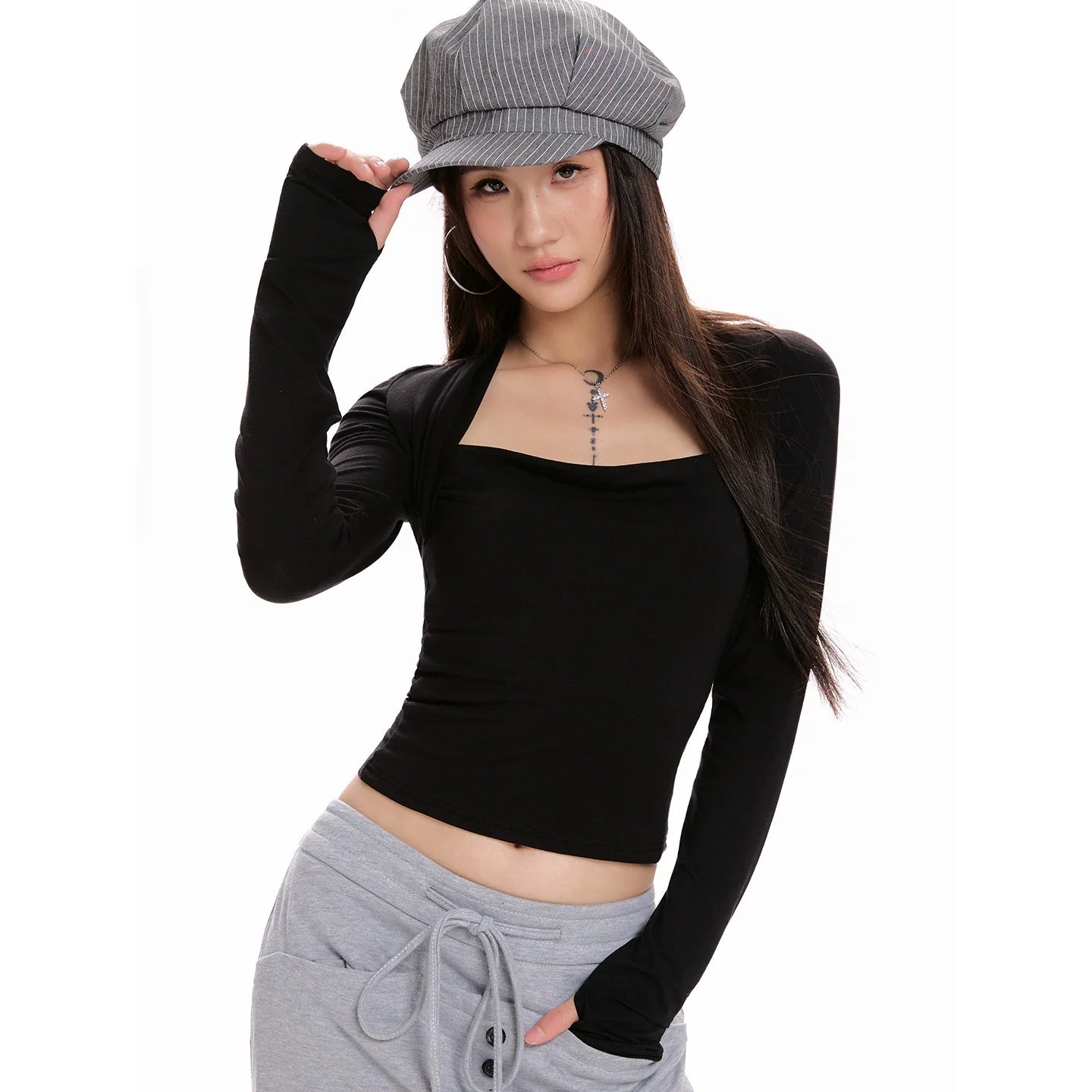 Spring - Autumn Coffee Square - Neck Fitted Cropped Long - Sleeve T-Shirt - tutufox -