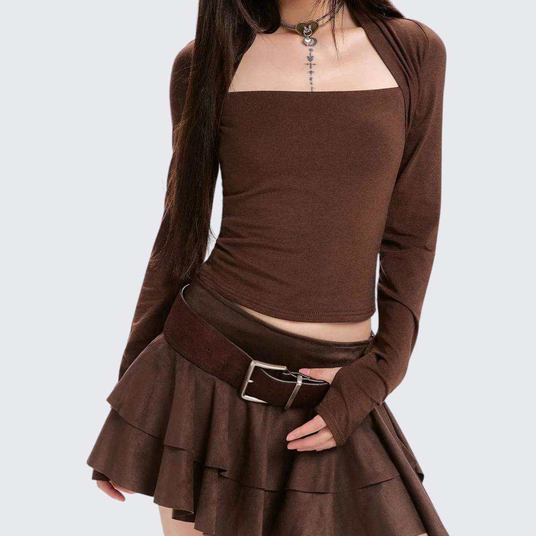 Spring - Autumn Coffee Square - Neck Fitted Cropped Long - Sleeve T-Shirt - tutufox -