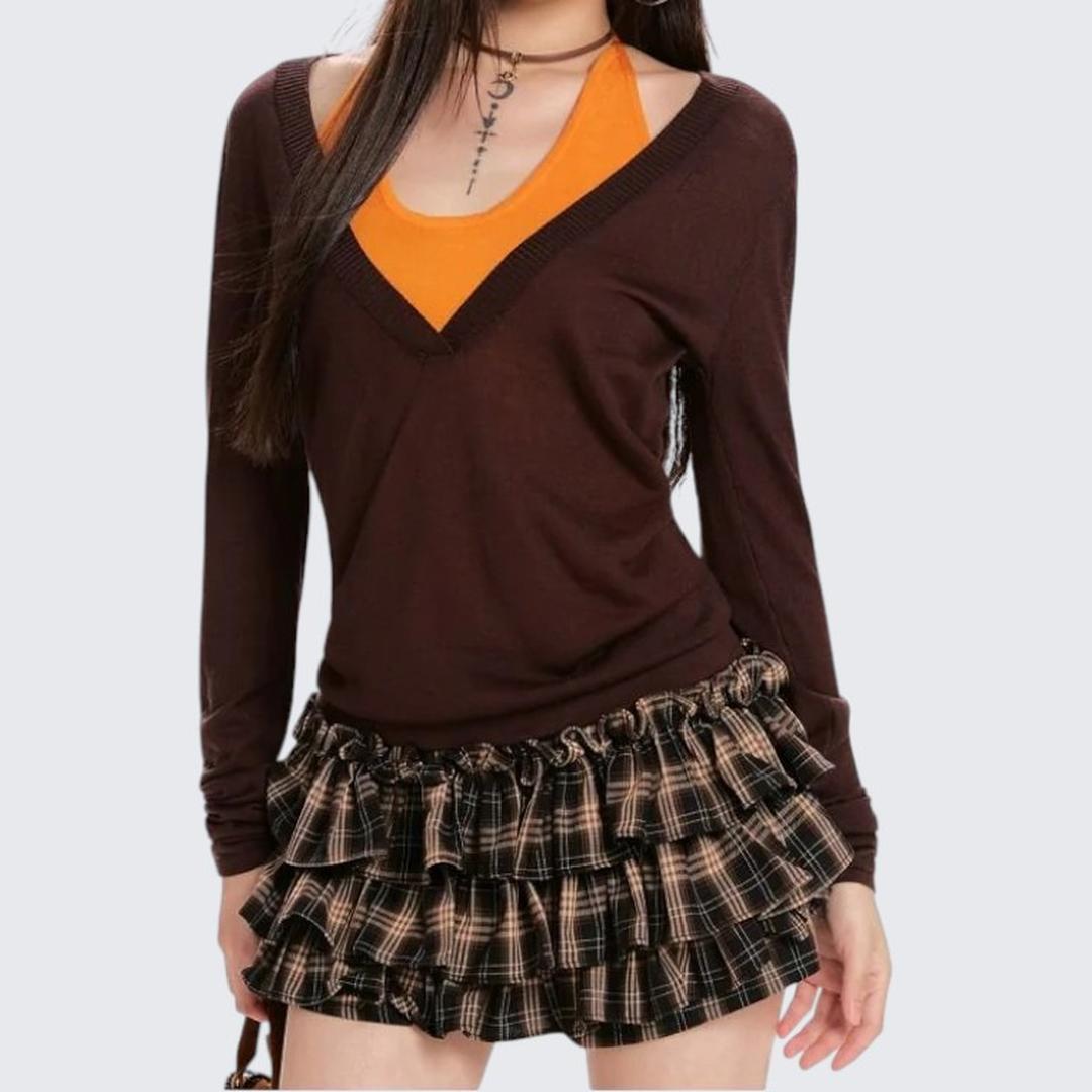Spring & Autumn Coffee V - Neck Fake Two - Piece Sweater - tutufox -