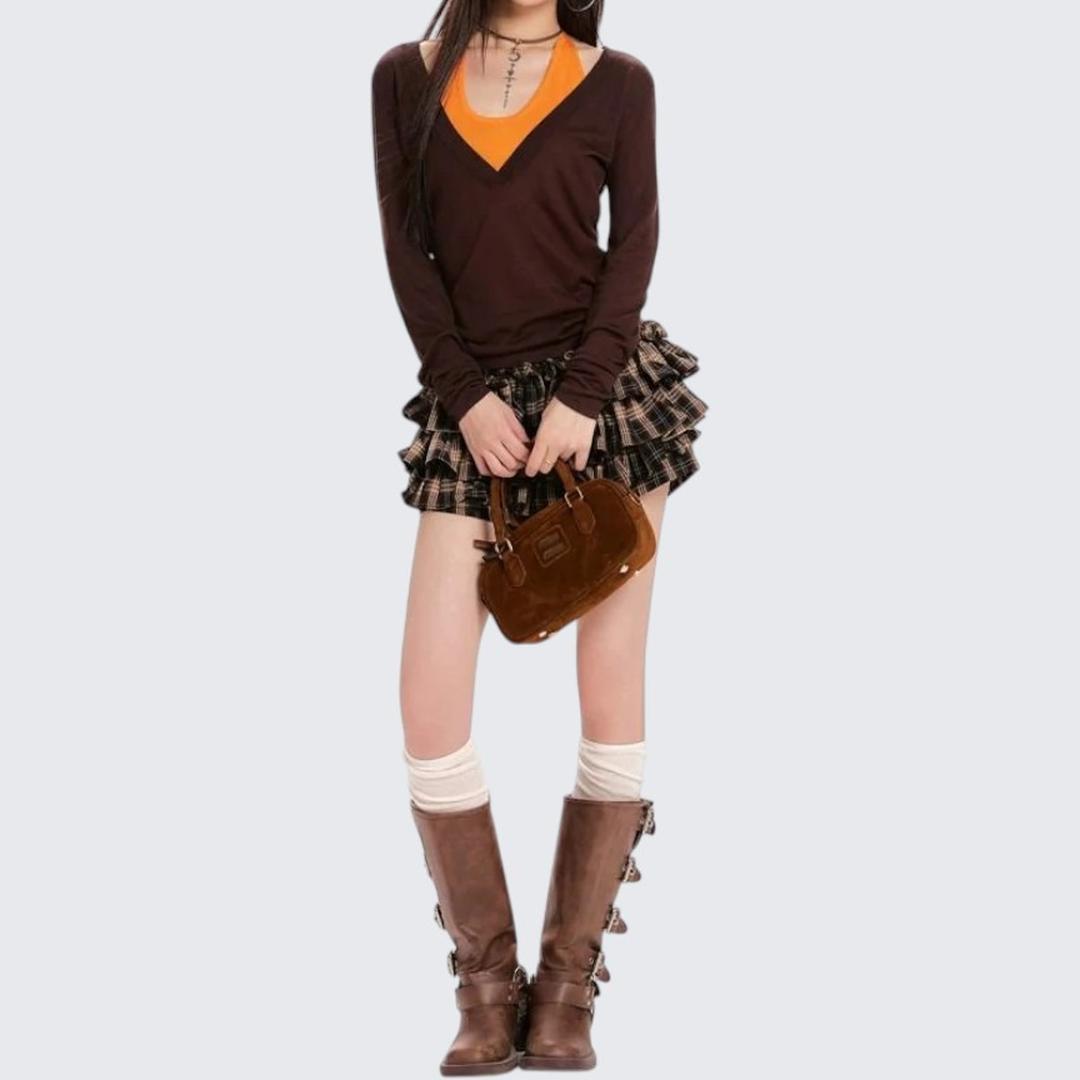 Spring & Autumn Coffee V - Neck Fake Two - Piece Sweater - tutufox -