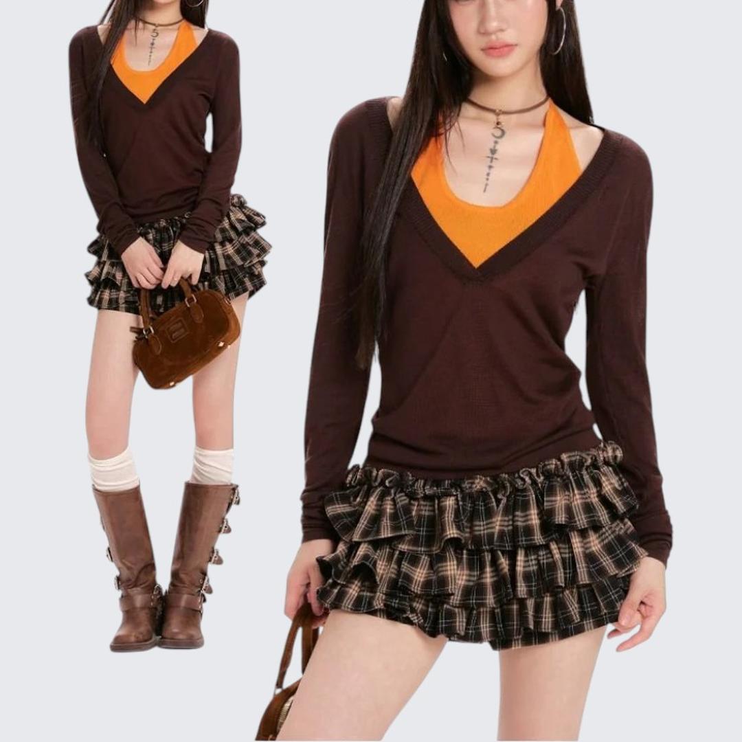 Spring & Autumn Coffee V - Neck Fake Two - Piece Sweater - tutufox -