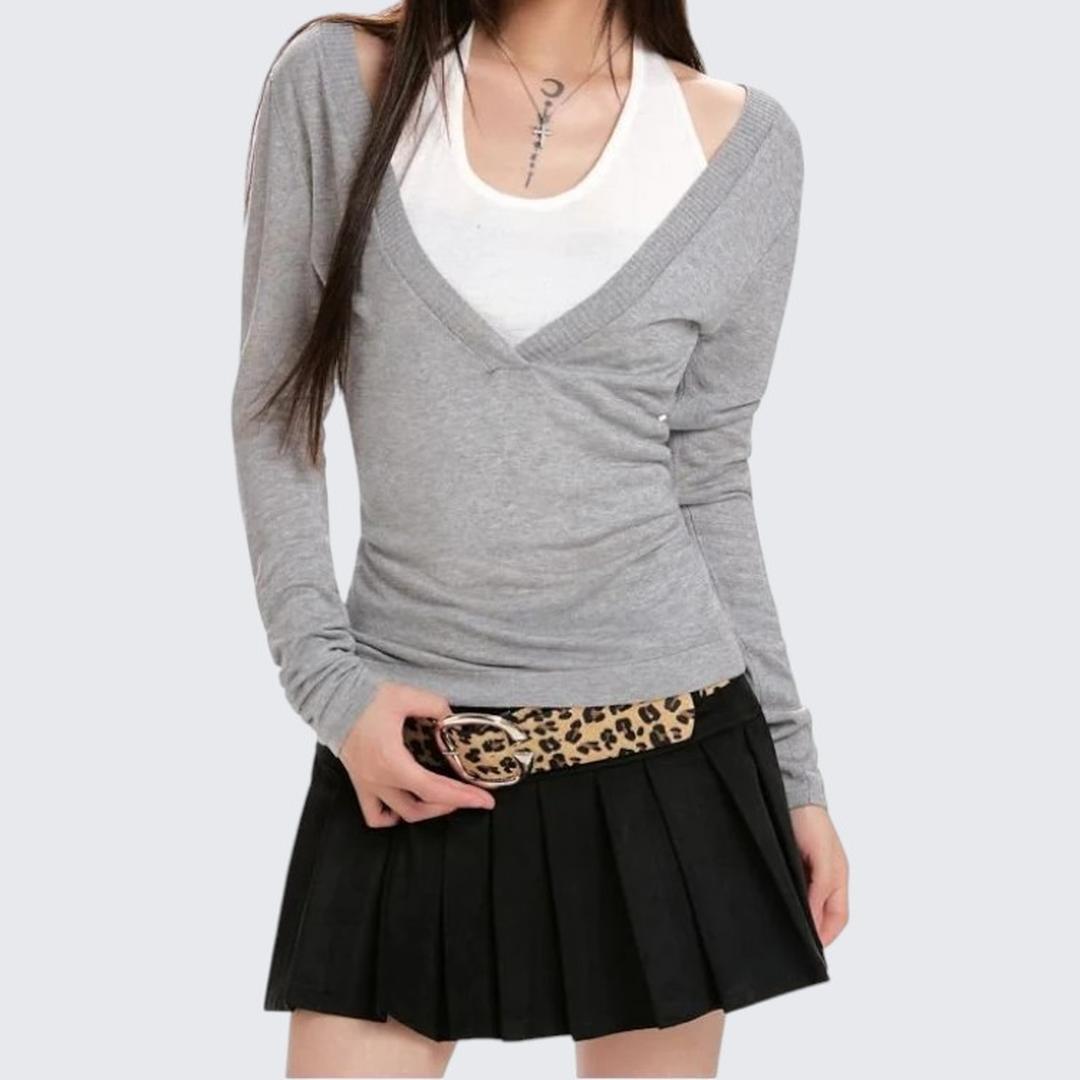 Spring & Autumn Coffee V - Neck Fake Two - Piece Sweater - tutufox -