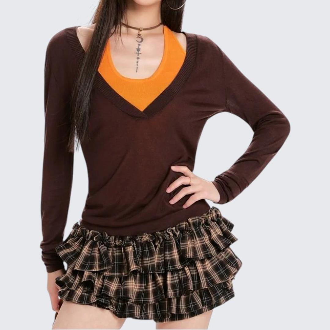 Spring & Autumn Coffee V - Neck Fake Two - Piece Sweater - tutufox -